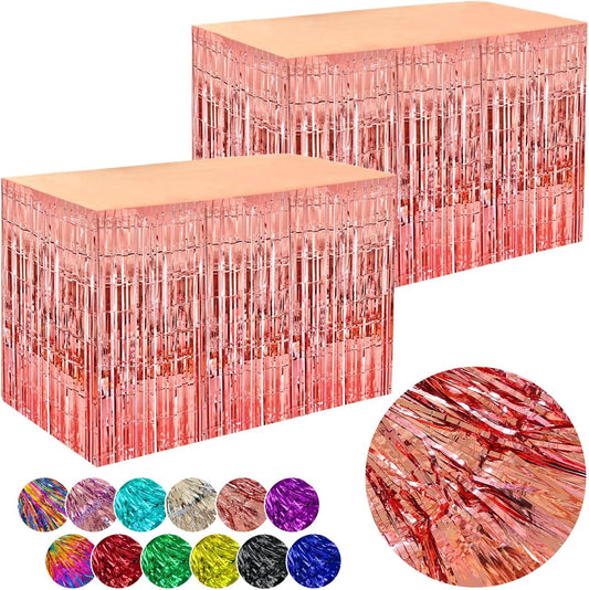 Rose Gold Streamers Party Decorations, 2 Packs Rose Gold Table Skirts Metallic Foil Fringe Tinsel for Bachelorette Birthday Wedding Graduation Float Parade Party Supplies - 29x108 Inch