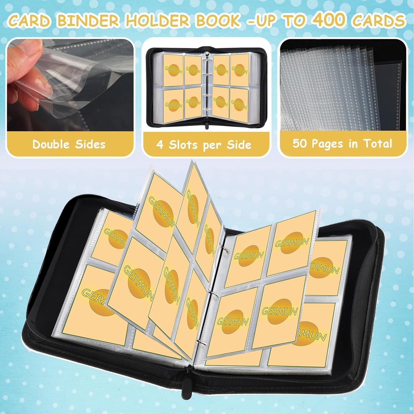 4 Pocket Card Binder, Premium Zip Trading Card Binder, 400 Double Sided Pocket PU Card Collection Binder, Collector Card Album, Card Folder for MTG, TCG, Sports Cards, Game Cards (Yellow)