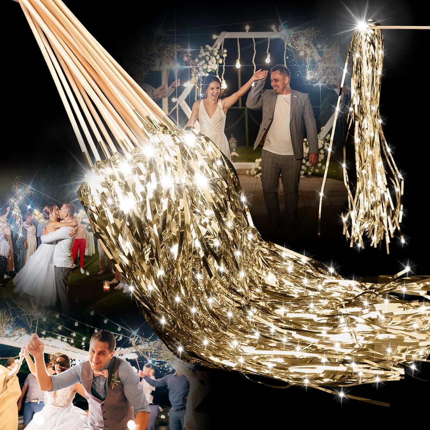 100 Pcs Lighted Wedding Wands LED Tinsel Wands Light up Streamers Sparklers for Wedding Send Off and Exits Birthday Party Props Favors(Champagne)