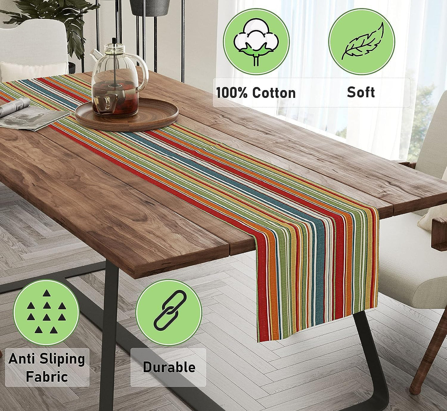 Ruvanti 100% Cotton Table Runner 60 Inches Long, Non-Slip, Stain Resistant, Washable & Reusable Table Runners Perfect for Wedding, Parties, Christmas, Holiday, in-Door use - Multi Stripe