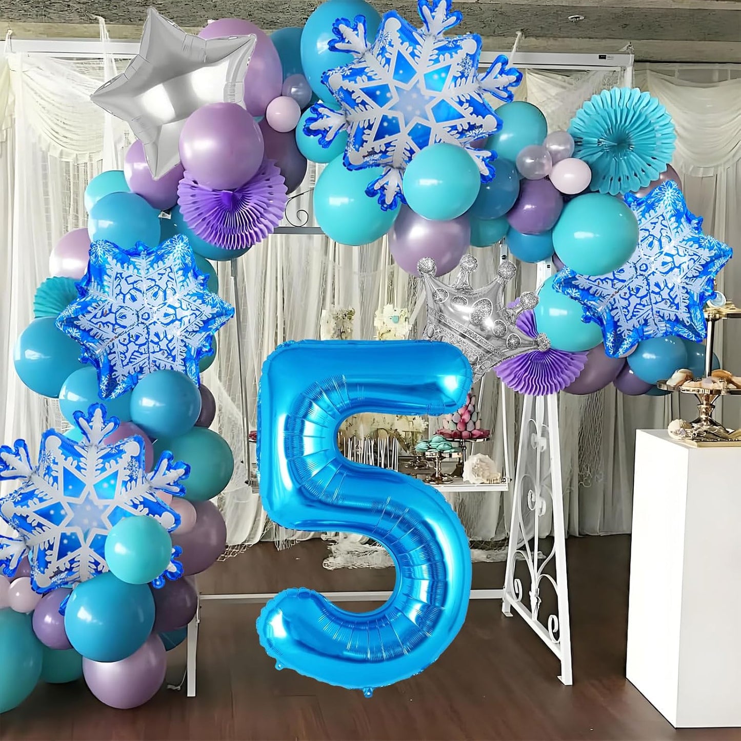 8Pcs Winter Wonderland Decorations - 40inch Blue Number 5 Balloons - snowflake balloons for Winter Wonderland Birthday Decorations