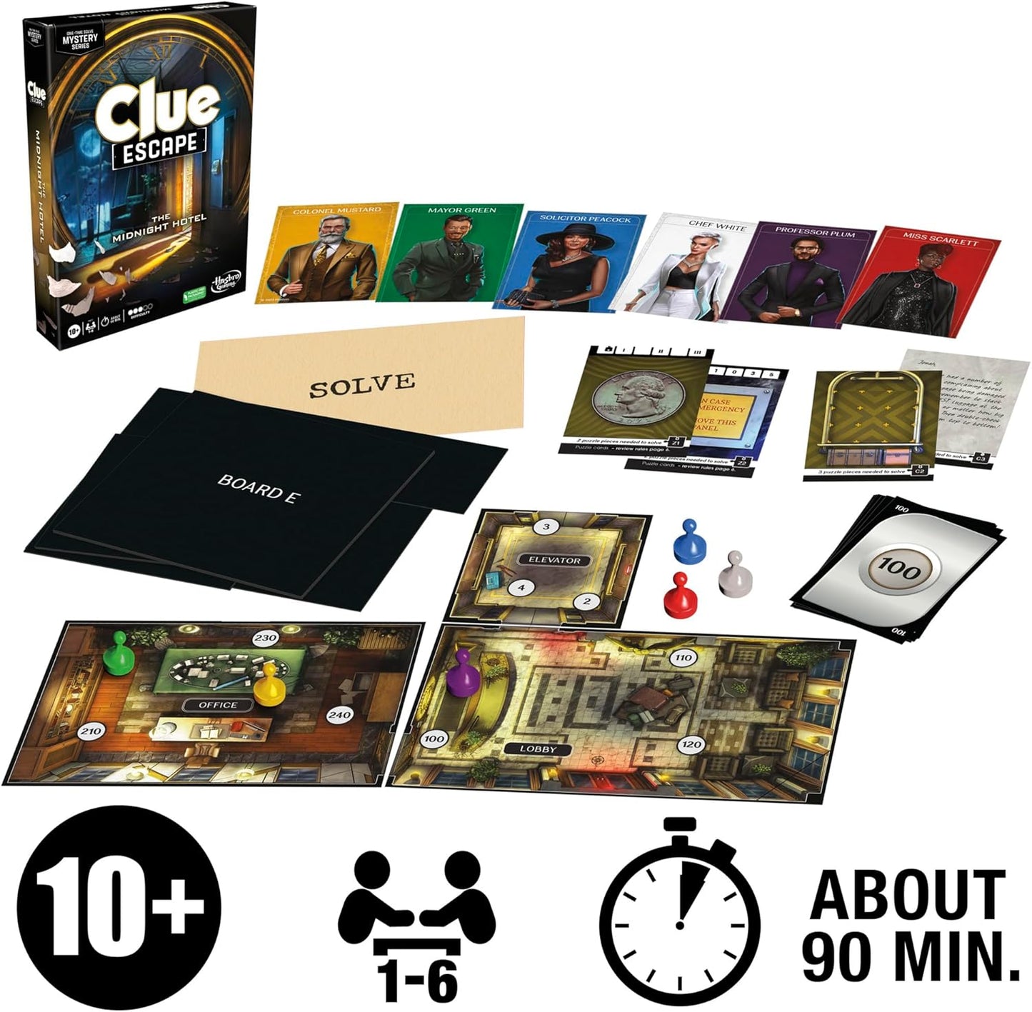Clue Escape: The Midnight Hotel Board Game, Clue Escape Room Game, 1-Time Solve Mystery Games, Family Games for Ages 10+, 1-6 Players, 90 Mins. Avg.