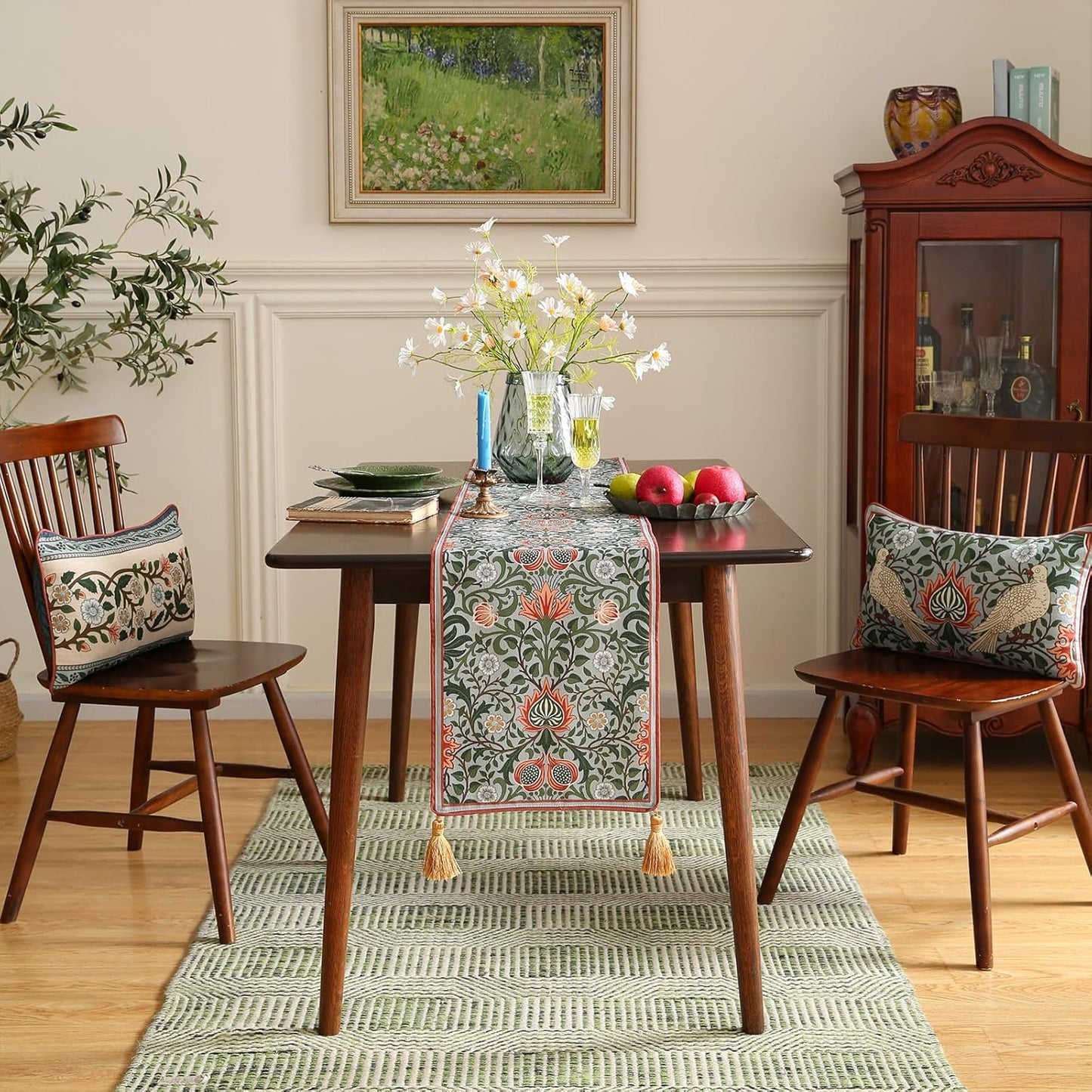 ISAENNE Designer French Green Elegant Linen Table Runner 71 Inches Long,Colorful Flower Pattern Soft Table Runners for Dining Tables,Thanksgiving,Kitchen Tables,Christmas,12"*71"-Naples B