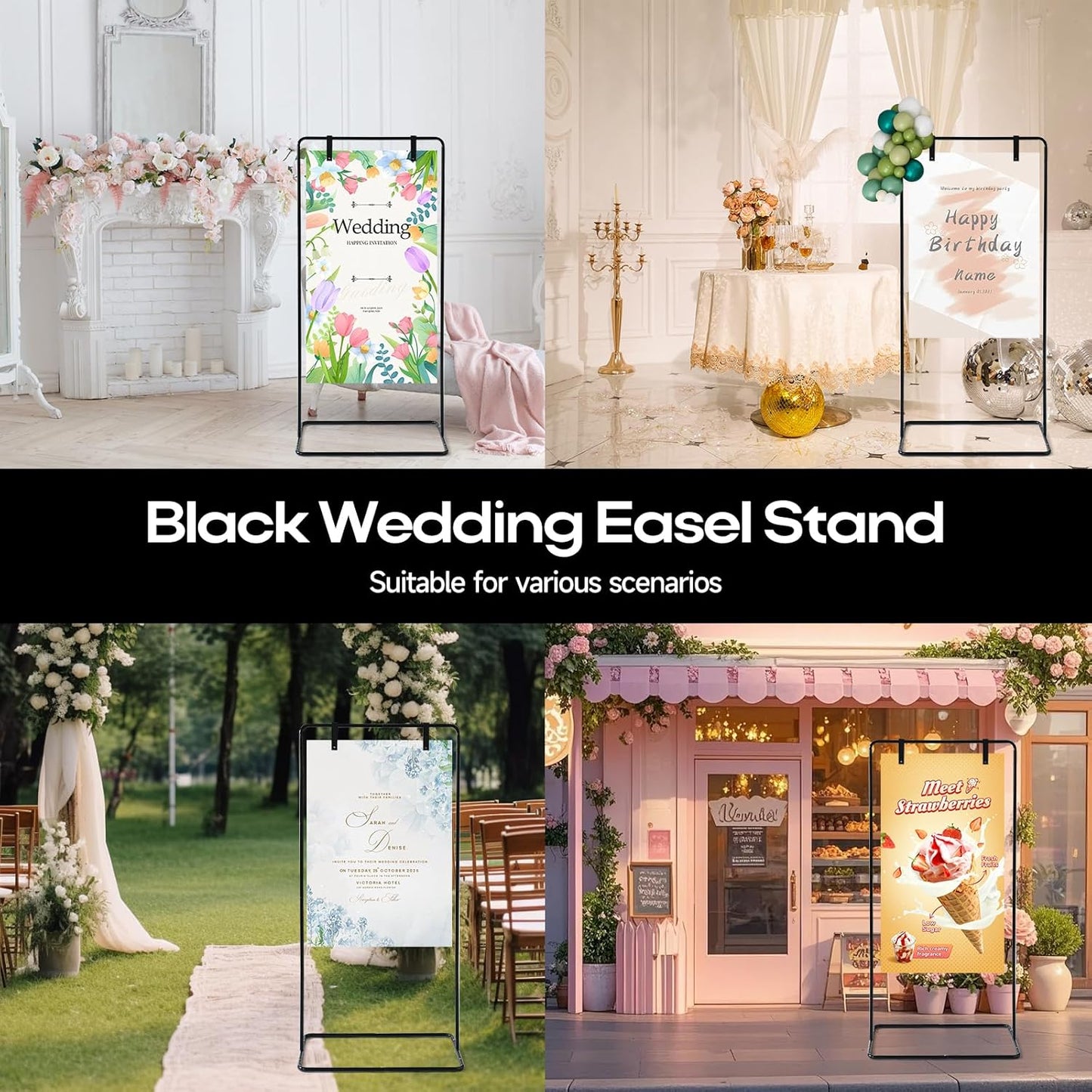 Wedding Sign Stand - Adjustable Wedding Sign W/Design Bundle & Leather Sign Hanging Straps, Durable Metal Easel Stand for Wedding Welcome Signs, Seating Charts, Ceremony & Reception Decor (Black)