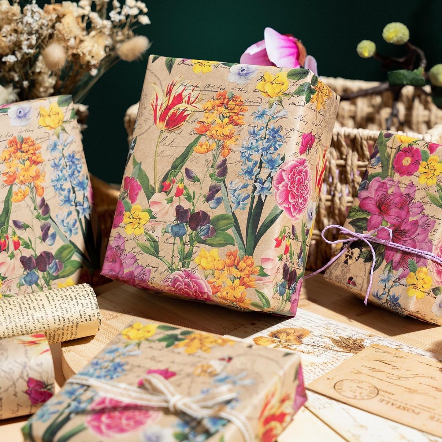 WRAPAHOLIC Kraft Floral Wrapping Paper Roll - Mini Roll - 17 Inch x 33 Feet - All Occasion Vintage Flower for Wedding Bridal Shower Birthday