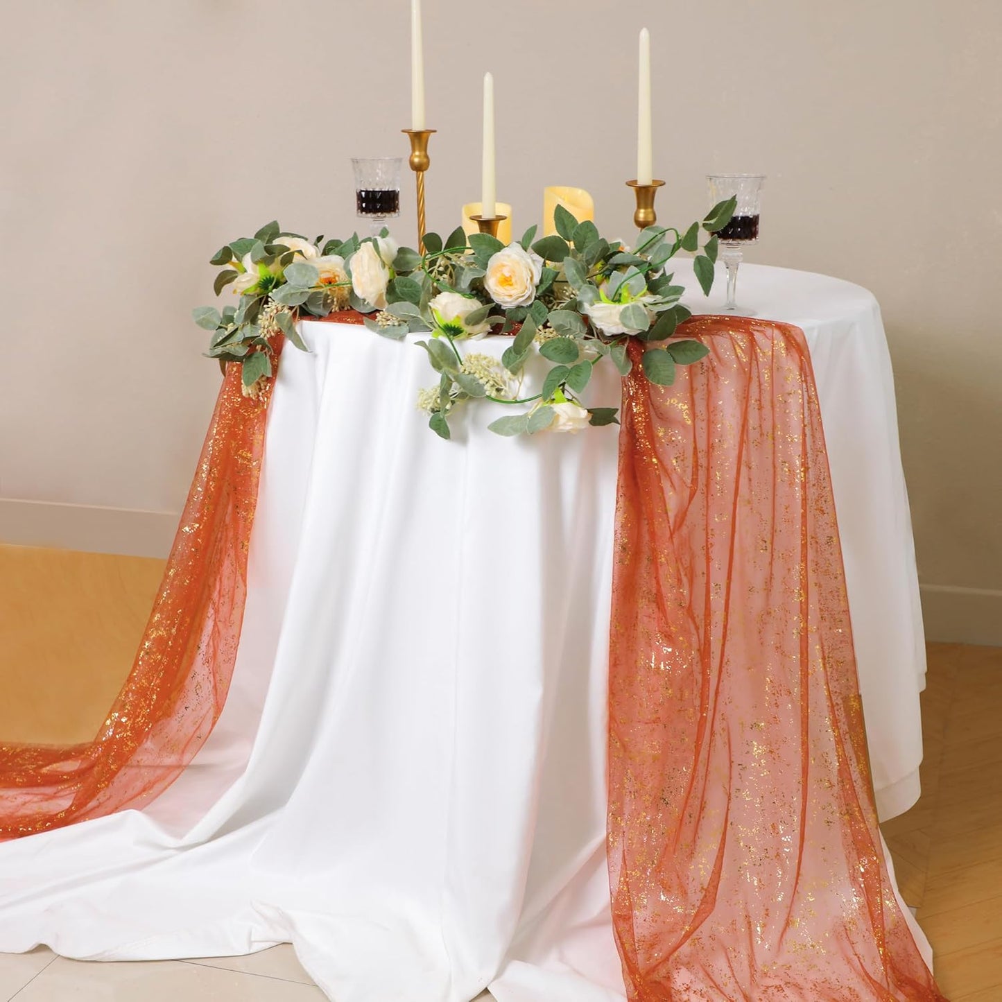 Snowkingdom 10 FT Fall Thanksgiving Table Runner Terracotta Gold Table Runner Burnt Orange Rust Sheer Chiffon Gauze Cheesecloth Golden Sequin Metallic Boho Table Decorations for Wedding Birthday