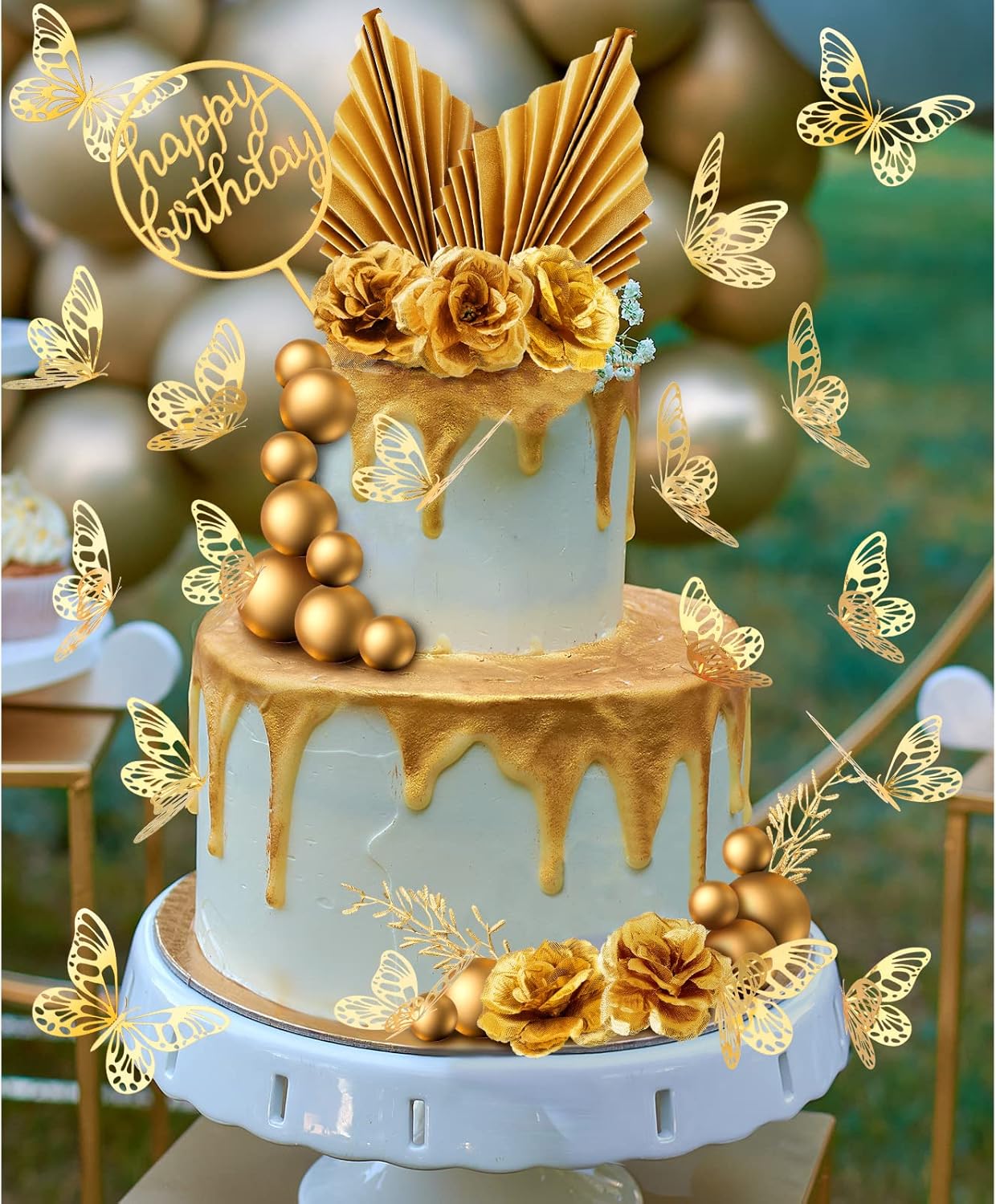 Shimeyao 52 Pcs Wedding Birthday Gold Cake Decoration Boho Cake Topper Pink Purple Flower Butterfly Palm Leaves Balls Toppers for Women Baby Shower Party Decoration(Gold)