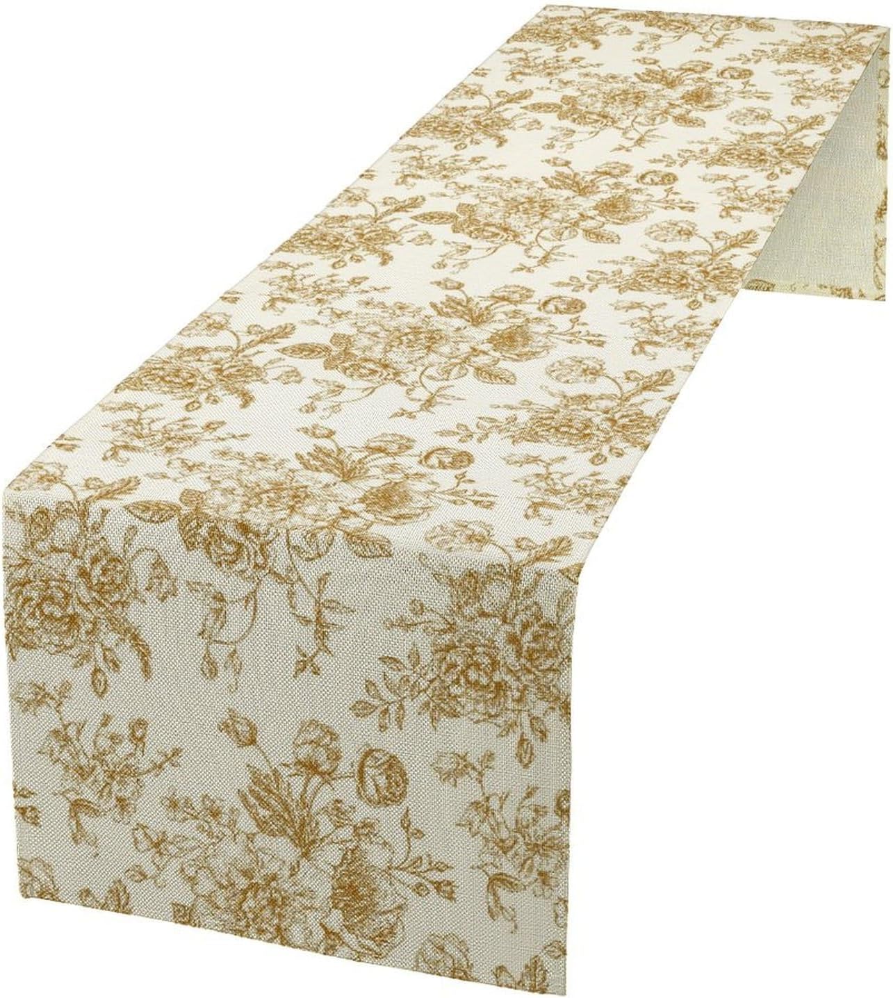Retro Floral Table Runner, Golden White Wildfloral Sketch Print Kitchen Dinning Table Runner for Indoor Outdoor Home Wedding Party Holiday, 13x70 Inch