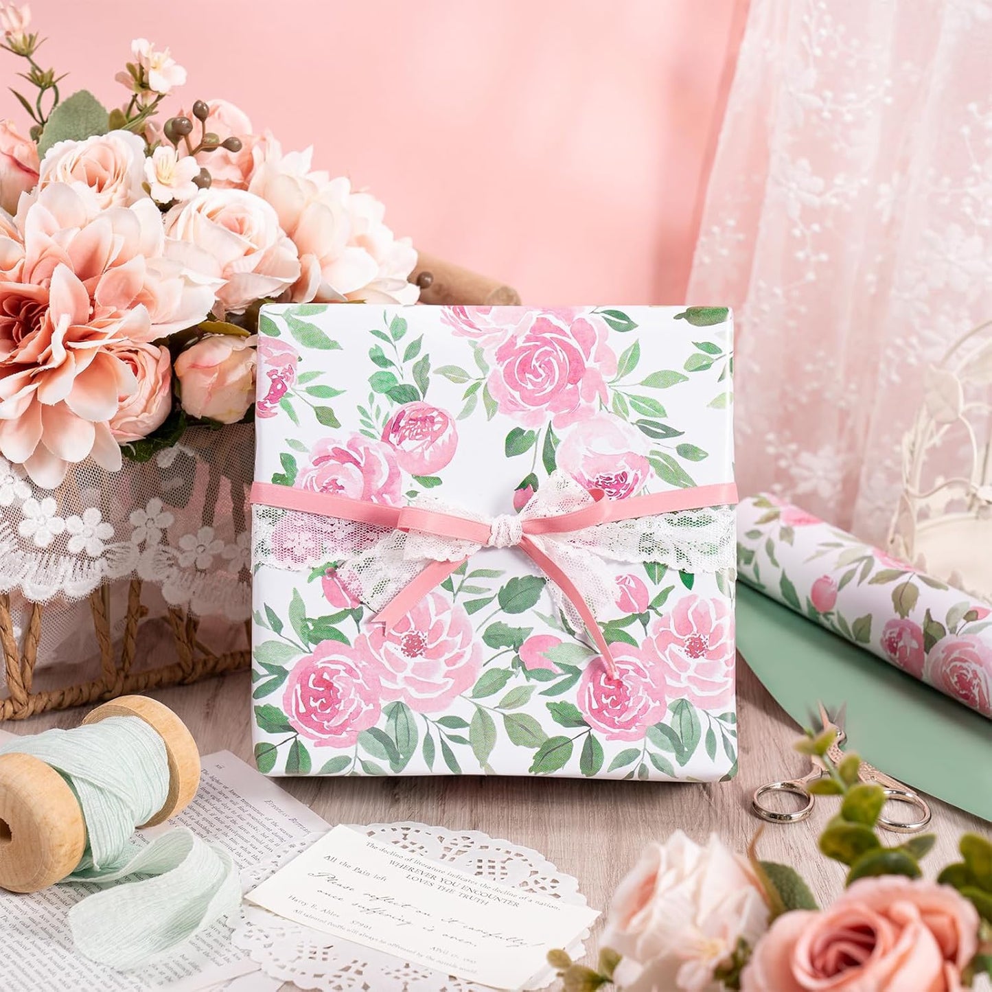 RUSPEPA Reversible Floral Wrapping Paper Roll for Girls Women, Mini Roll, Pink Rose Design and Green Solid Color, Elegant Gift Wrap for Birthday, Mother’s Day, Bridal Shower, 17 Inches x 16.4 Feet
