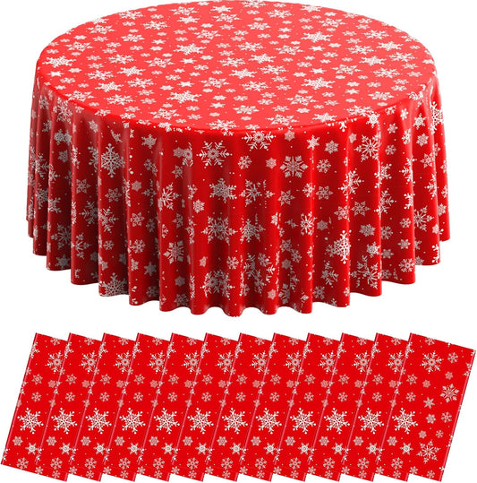 12 Pieces Christmas Snowflake Plastic Party Tablecloth Decorations, Disposable White Snowflake Red Xmas Round Table Cover Backdrop for Winter Christmas Holiday New Year Party Supplies,84 inch (Red)