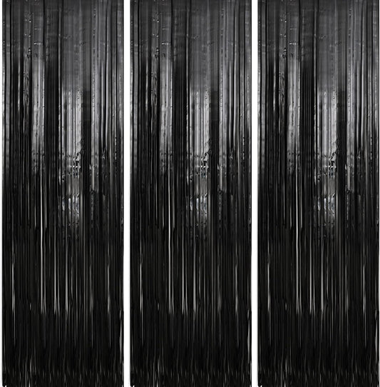 Crosize 3 Pack 3.3 x 9.9 ft Black Foil Fringe Backdrop Streamer Curtains, Birthday Party Decorations, Tinsel Curtain for Parties, Photo Booth Backdrops, Party Decor