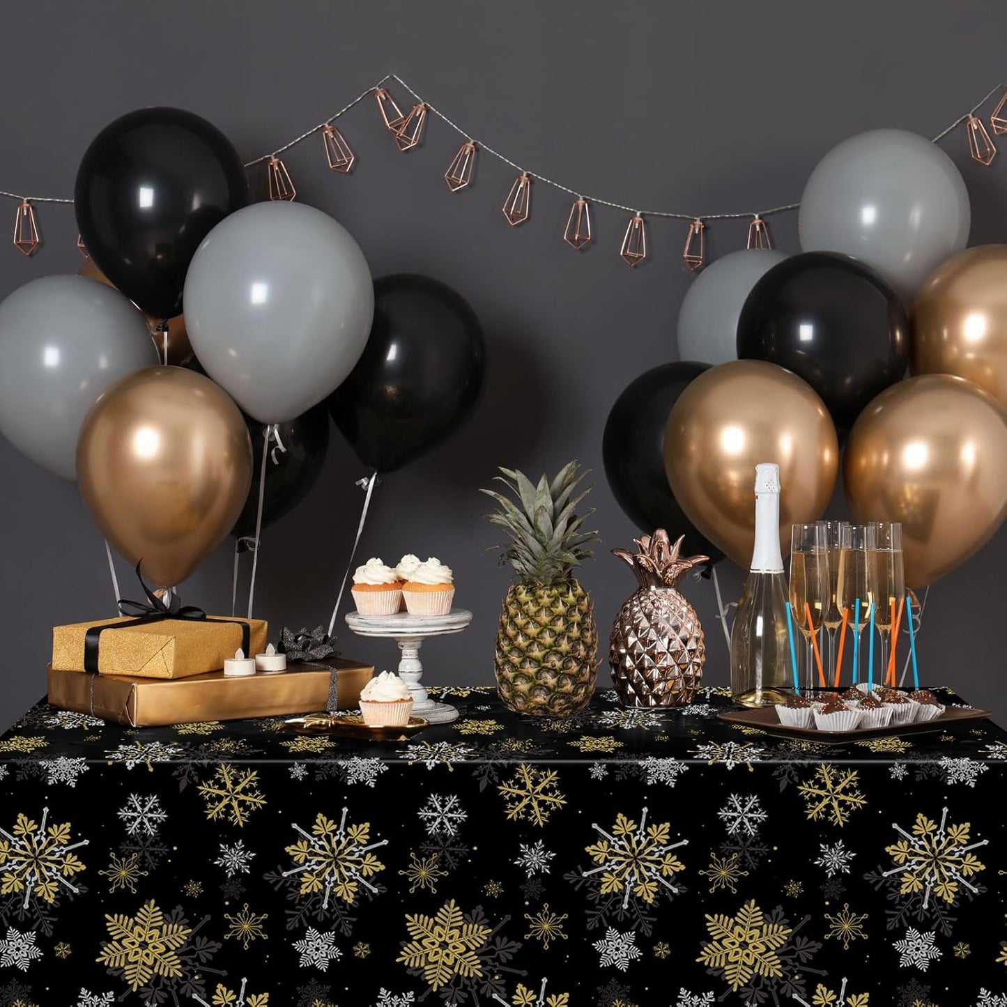 3Pcs Christmas Snowflake Party Tablecloths Decorations,Plastic Black and Gold Table Cloth,Winter Rectangle Table Cover for Christmas New Year Birthday Baby Shower Holiday Party Decorations,54x108 inch