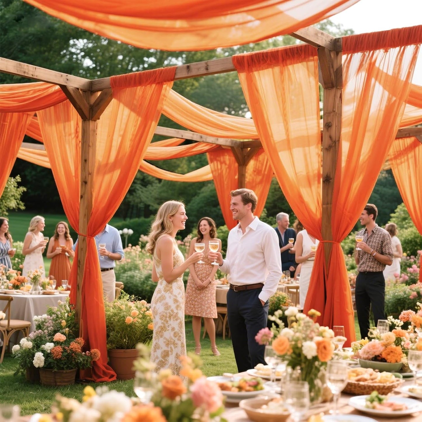 VOK Orange Wedding Arch Draping Fabric Chiffon Fabric, 29in x 18Ft 2 Panels Sheer Chiffon Outdoor Curtain for Wedding Ceremony Birthday Party Decoration (Orange,2 Panel)