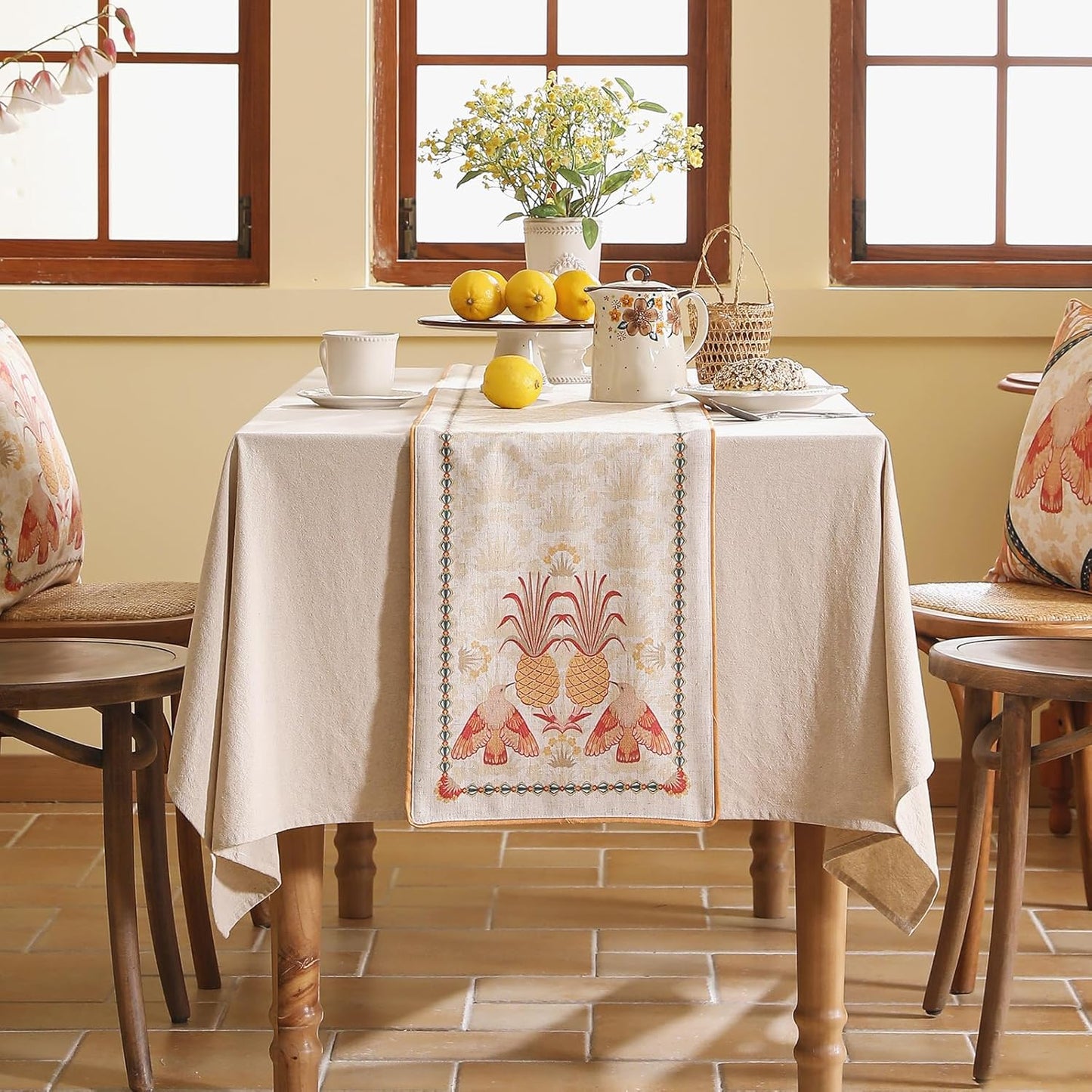 patdrea Designer Tropical Linen Table Runner 87 Inch Long, Yellow Vintage Elegant with Pineapple Pattern Table Mat,Decoration for Kitchen Dining Coffee Table Cover Banquet Christmas , 12"*87"