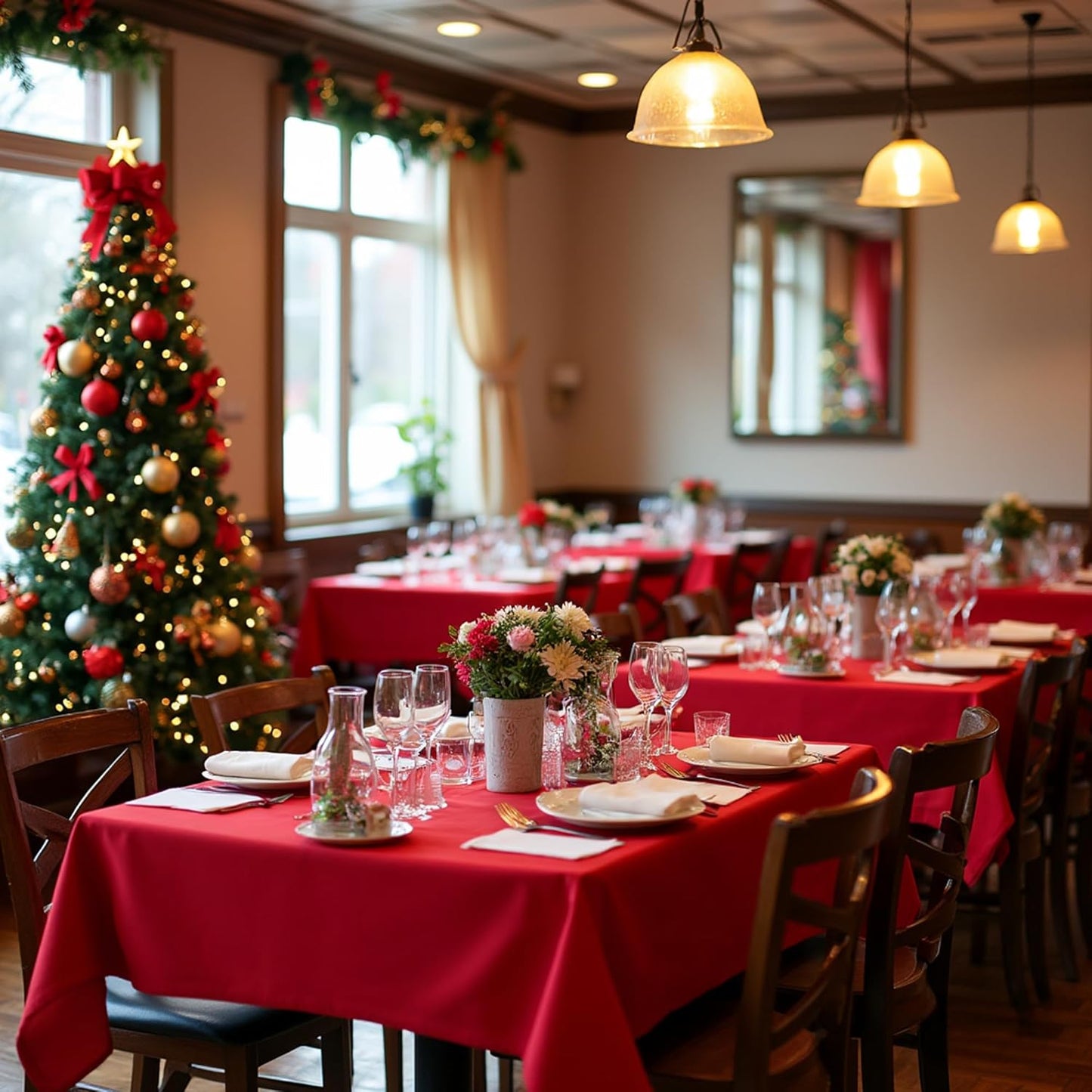 sancua Christmas Red Square Tablecloths 85x85 Inch - Fabric Table Cloth for Square or Round Tables, Washable Polyester Table Cover for Dinner, Holiday Party, Decorative Display Tables