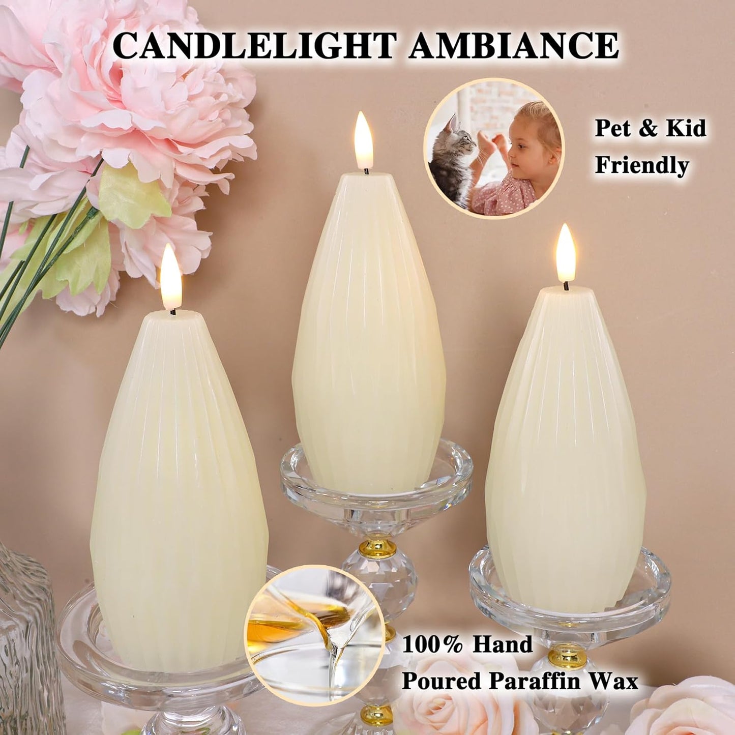 Silverstro Irregular Flameless Candles with Remote Control & Timer Function, Real Wax Flicker Battery Operated Candles for Home Party Wedding Nautical Christmas Ocean Decor - Set of 3(Ivory)