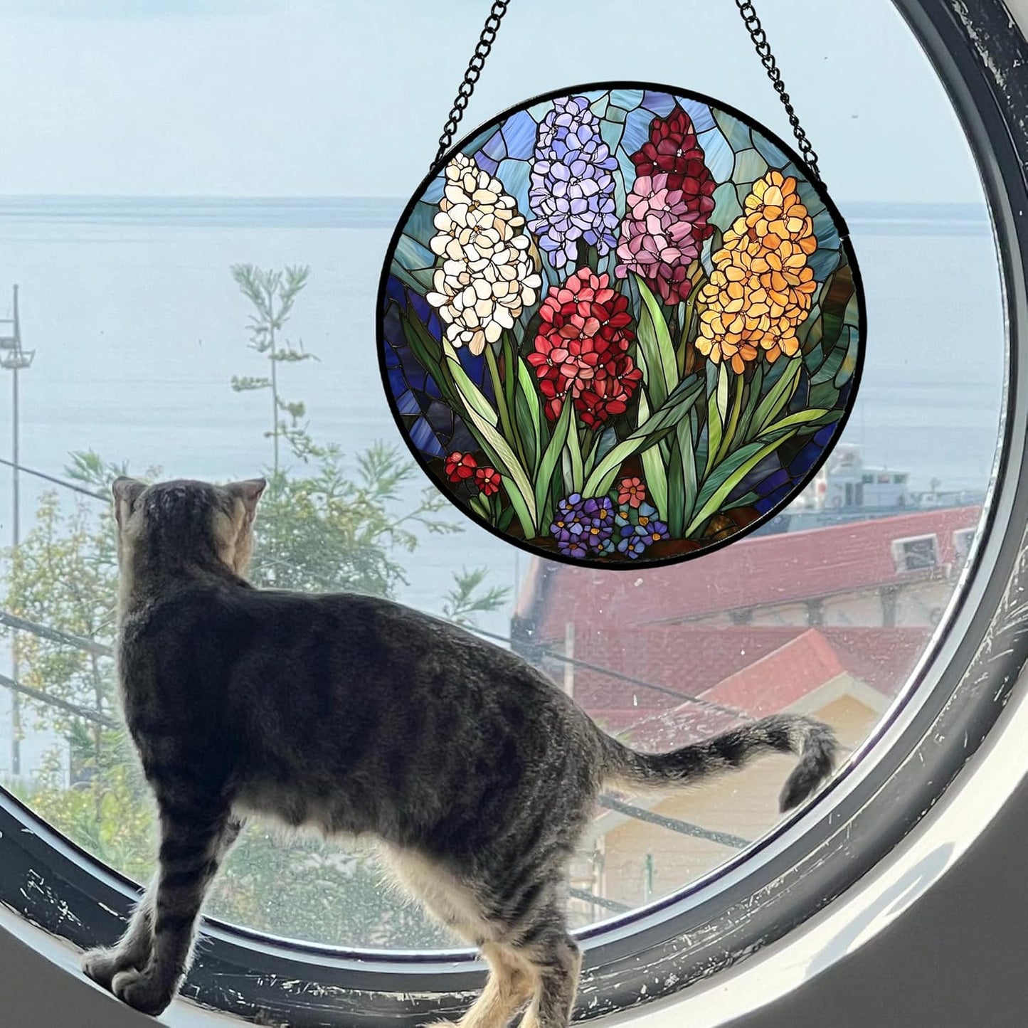 Stained Glass Window Hanging, Colorful Hyacinth Flowers Suncatcher for Doors Window Home Plant Sun Catchers Decoration Mother's Day Birthday Gifts for Women, Men, and Mom 7.8x7.8 in