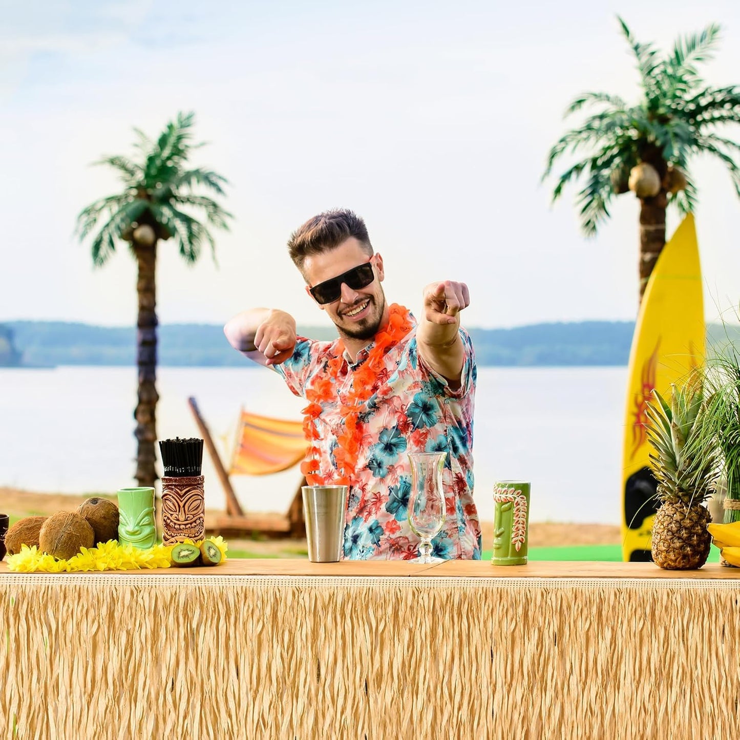 Fovths 2 Packs Luau Grass Table Skirt Fringe Dark Straw Grass Skirt 108 x 30 Inch Hibiscus Hawaiian Table Skirts Rectangle Tropical Luau Party Decorations for Hawaiian Decorations