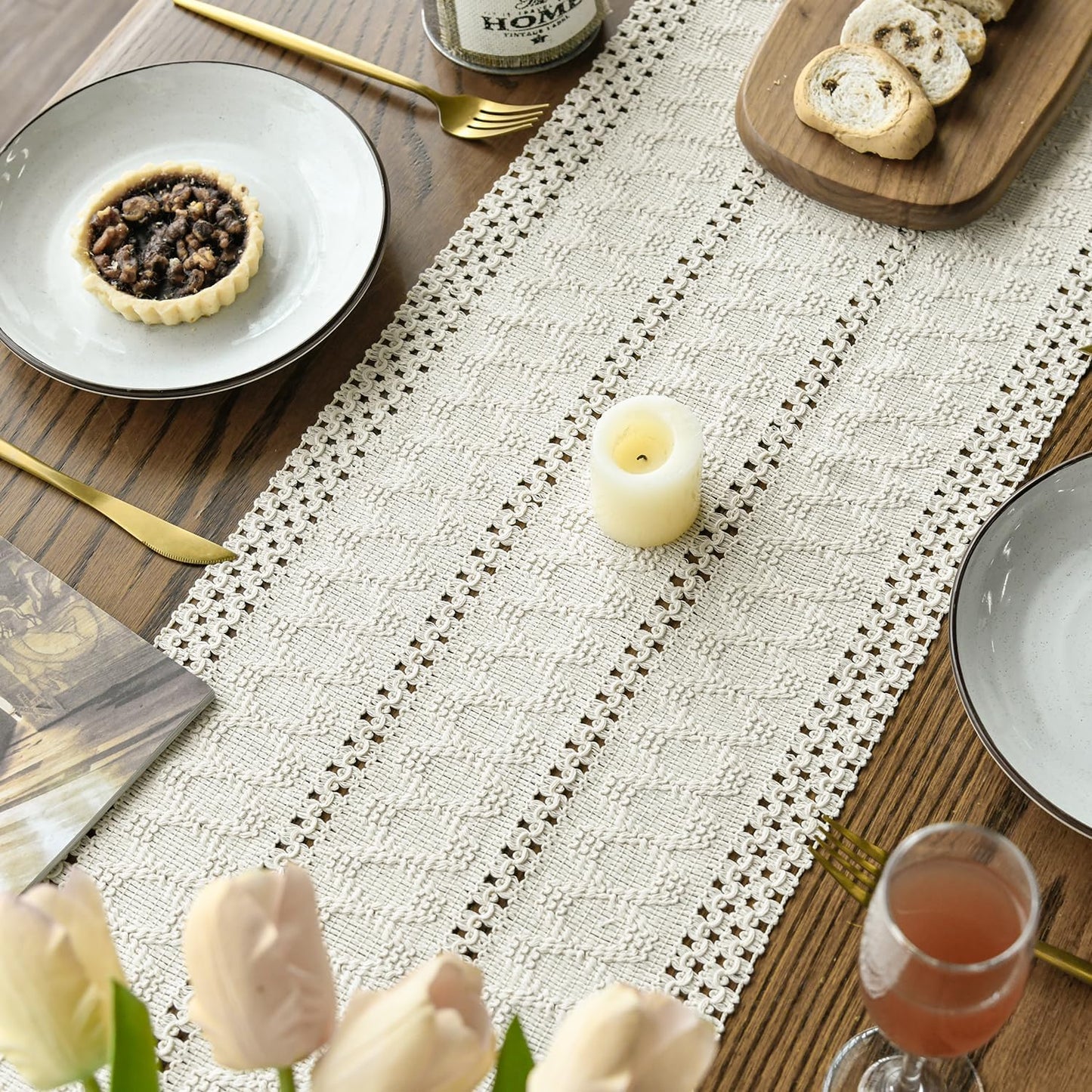 Artoid Mode Beige Farmhouse Woven Rustic Hollow Table Runner, Seasonal Holiday Hollow Kitchen Dining Table Decoration for Home Party Decor 12x60 Inch