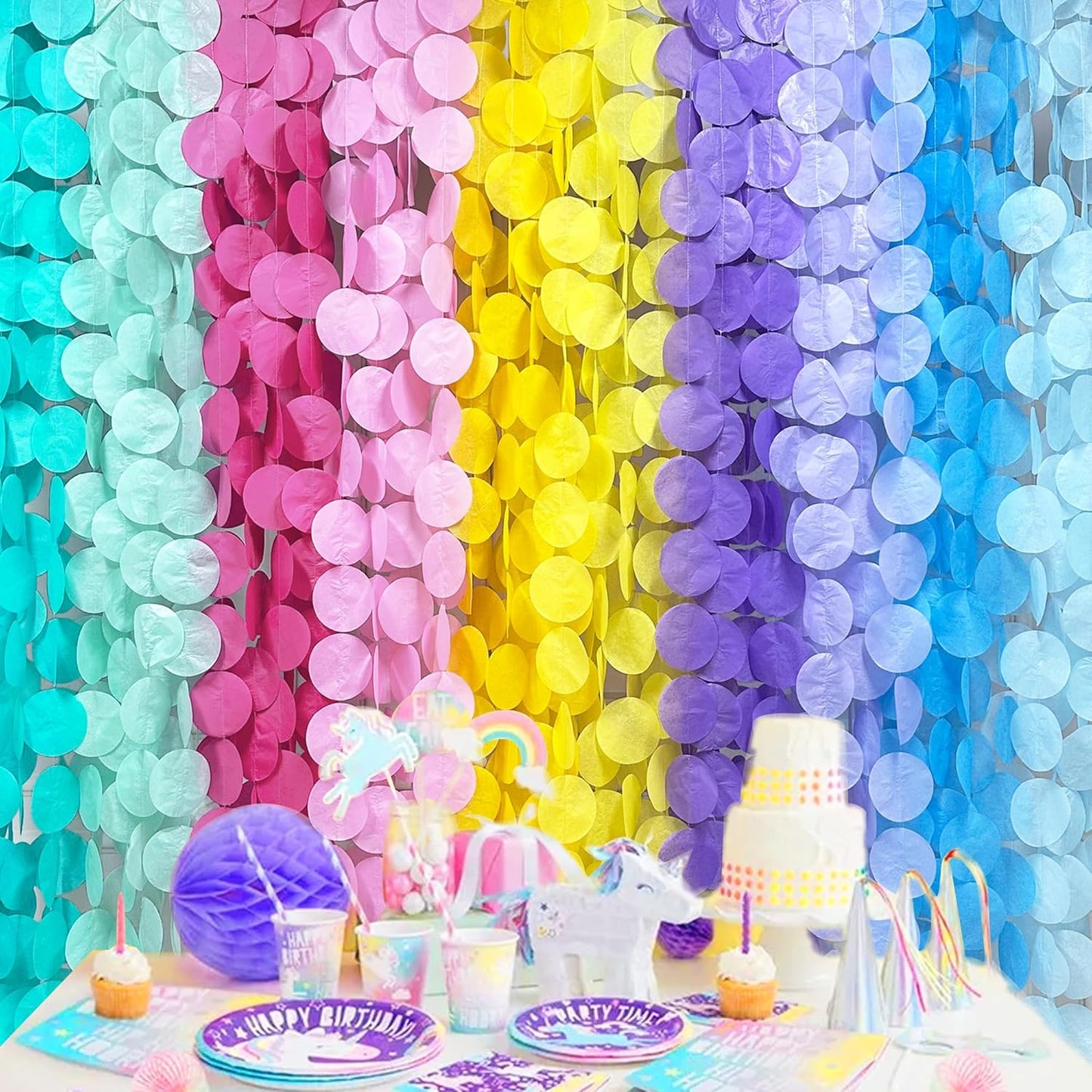 256Ft Pastel Party Decorations Big Circle Dot Backdrop Streamer Pastel Tissue Paper Polka Dots Hanging Curtain Garland for Birthday Wedding Bachelorette Engagement Baby Shower Macaron Party Supplies