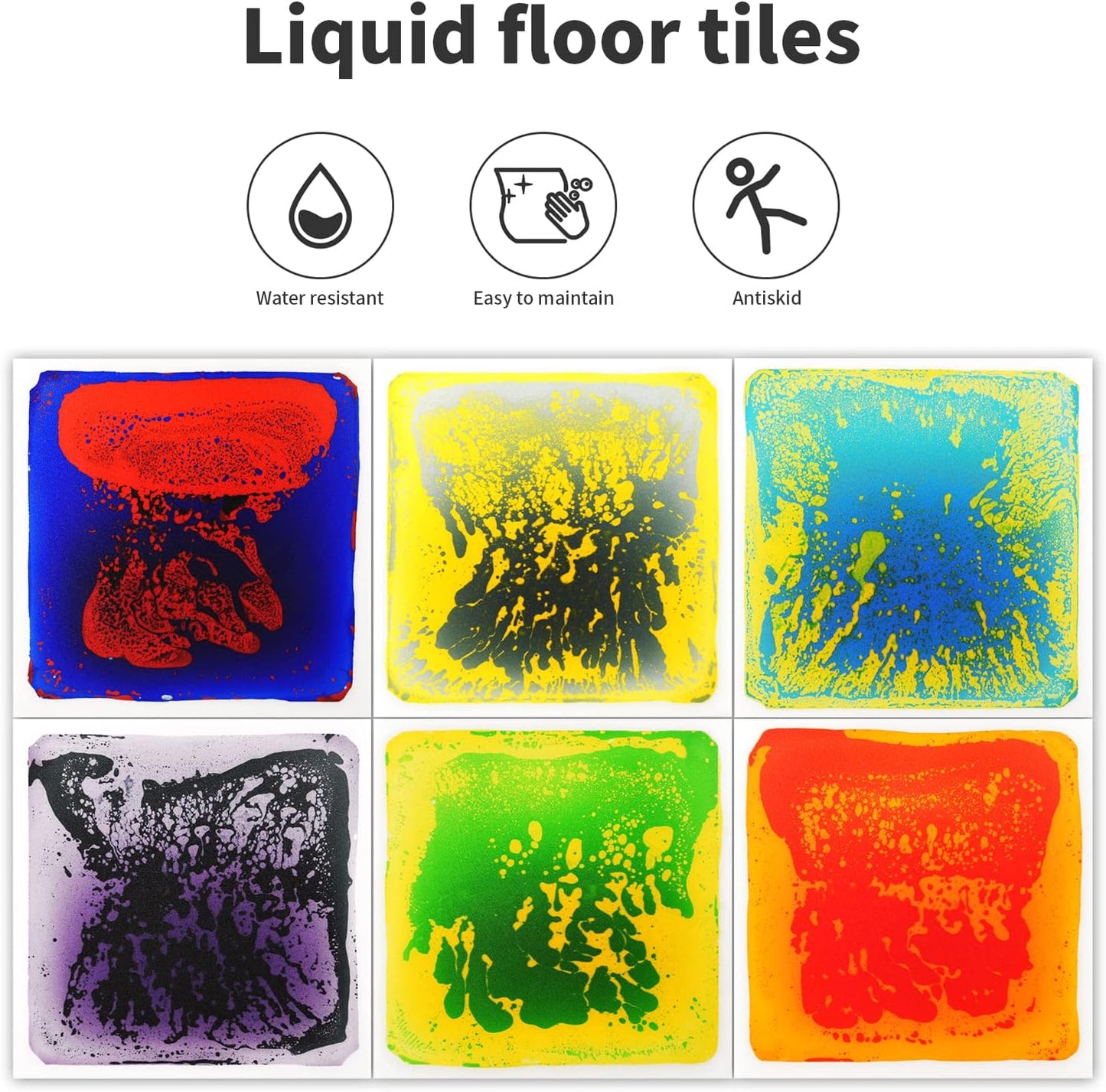Art3d Liquid Sensory Floor Activity Tiles, 11.8"x11.8" Square, Multicolor, 6 Tiles