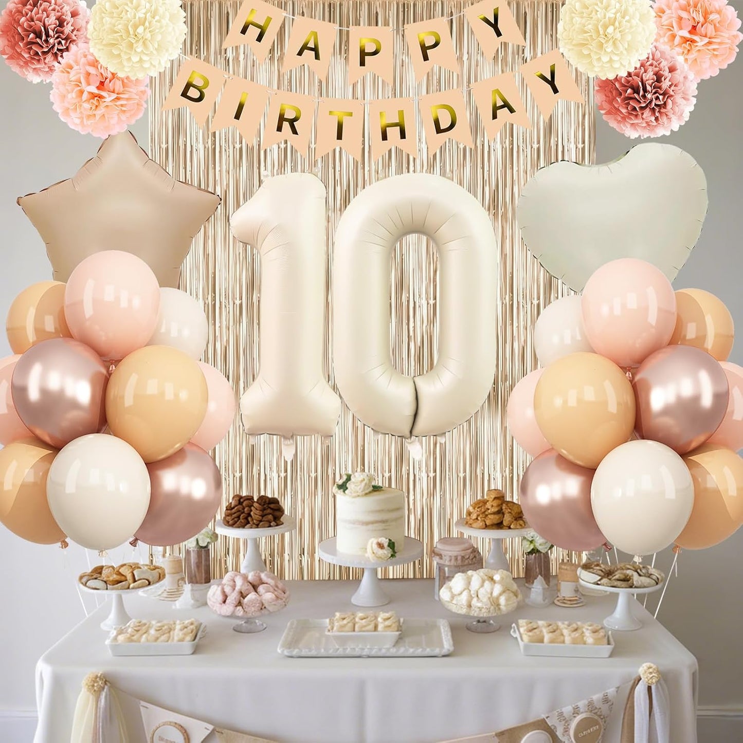 Beige 10th Birthday Decorations Girls Boys Cream Number 10 Balloon Nude Gold Happy Birthday Banner Fringe Curtain Paper Pom Poms Blush White Sand Champagne Star Foil Balloons Neutral Boho Party Decor