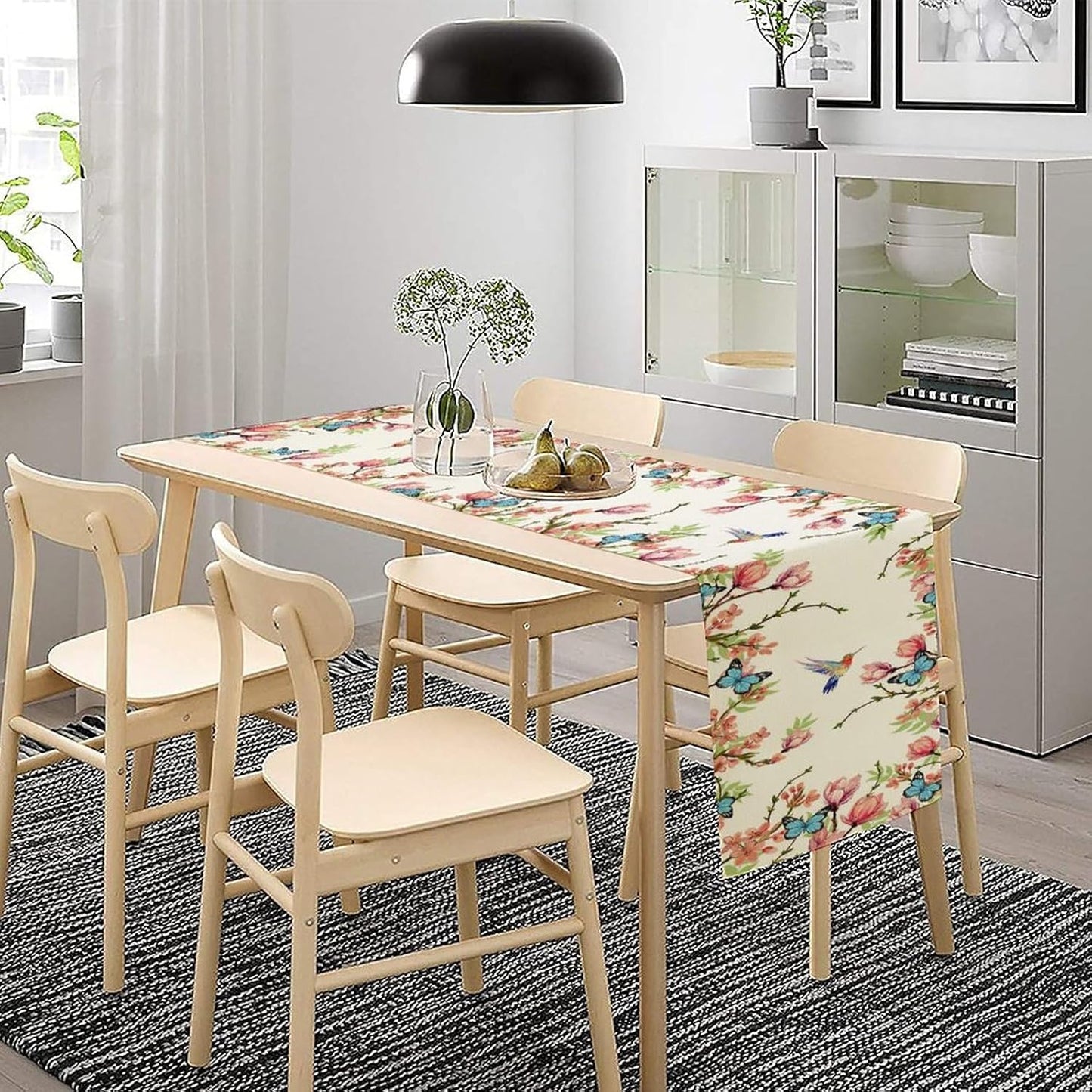Floral Butterfly Table Runner Seasonal Spring Flower Bird Table Decoration Table Runner for Home Party Decoration 13x108 Inch