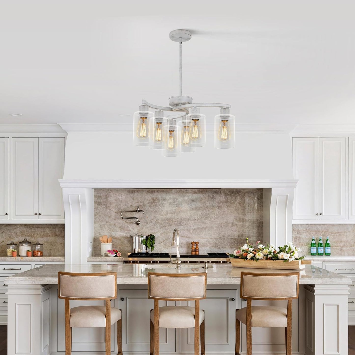 6-Light Antique White Chandelier with Clear Glass Shade, French Country Chandeliers for Dining Room, Adjustable Height Hanging Farmhouse Pendant Lighting for Kitchen Island Entryway Office