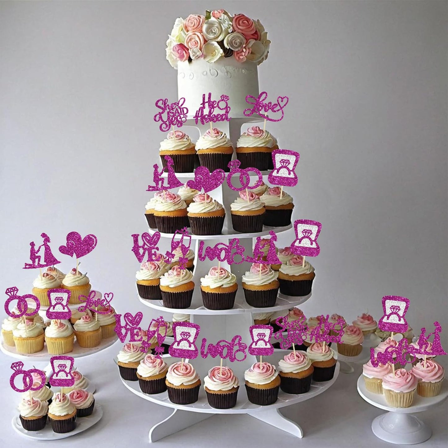 Ephlyn 30Pcs He Asked She Said Yes Cupcake Toppers Glitter Engagement Cupcake Toppers Diamond Ring Heart Love I Do Cupcake Picks for Engagement Wedding Party Cake Decorations Purple