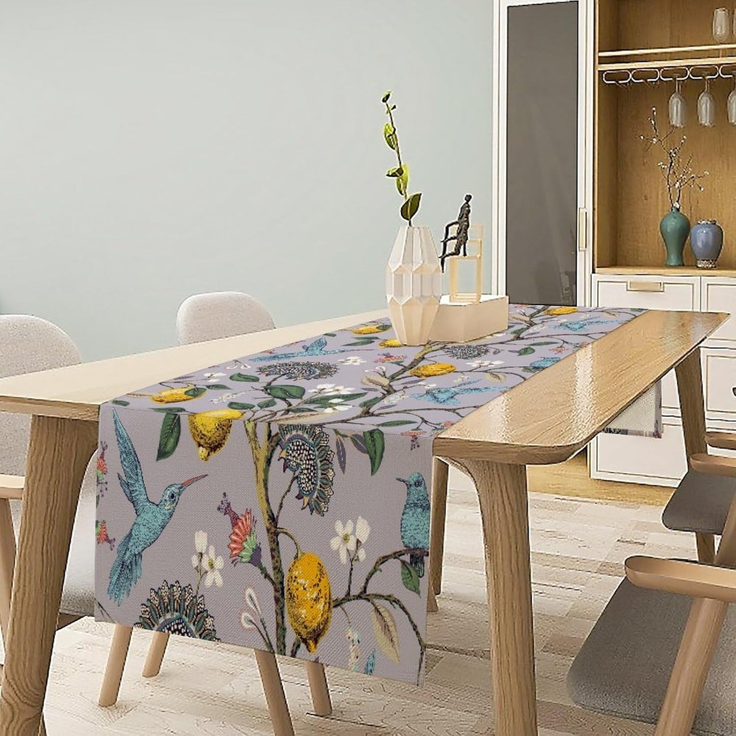 Table Runner with Flowers and Birds, Spring Plant Flowers Table Decoration Linen Table Runner Family Party Party Decorations 13x60 Inches