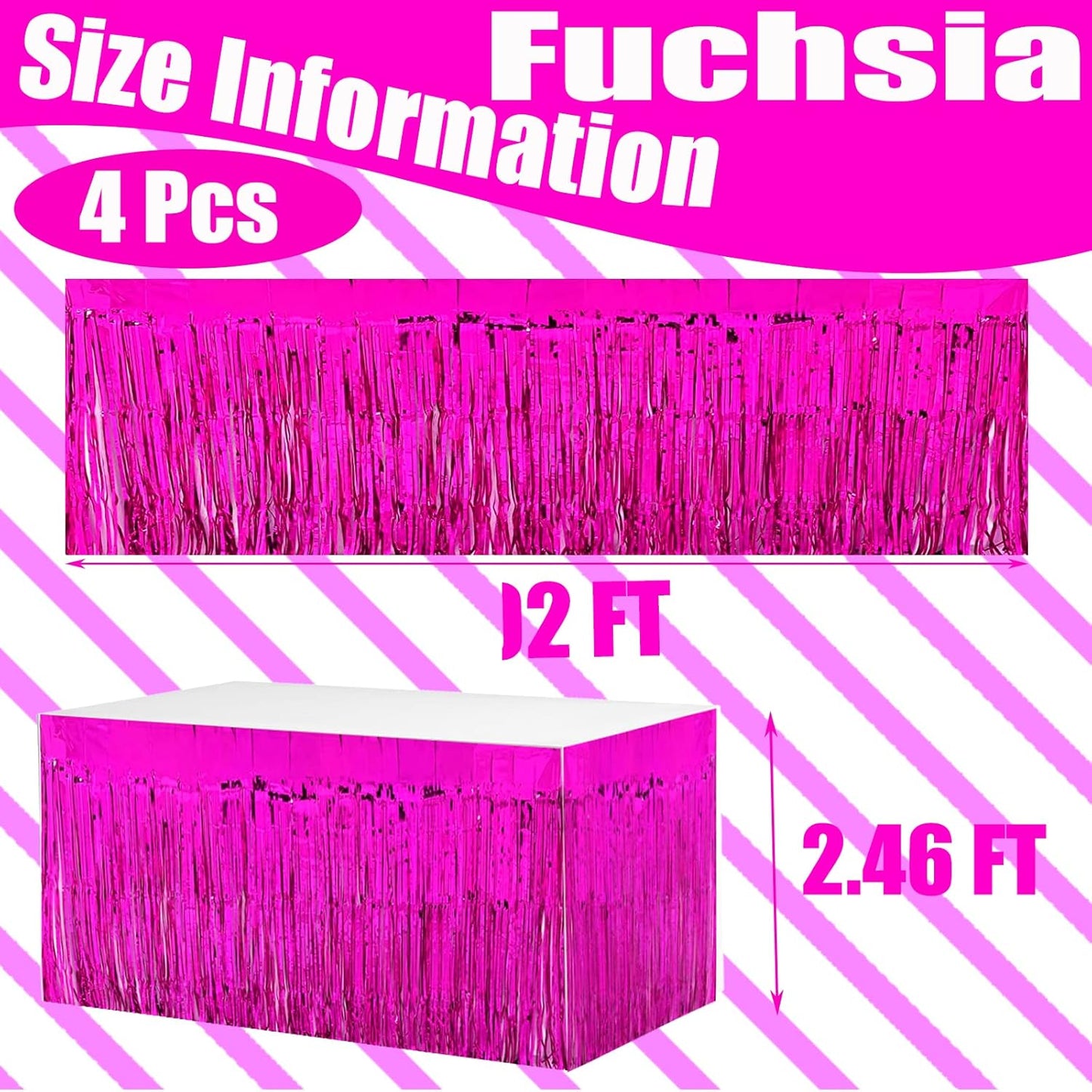 4 Pack 29x108 Inch Metallic Foil Fringe Tinsel Table Skirts for Rectangle Tables Streamer Curtains Backdrop for Christmas, Birthday, Parade Floats, Halloween Day Party Supplies(Fuchsia)