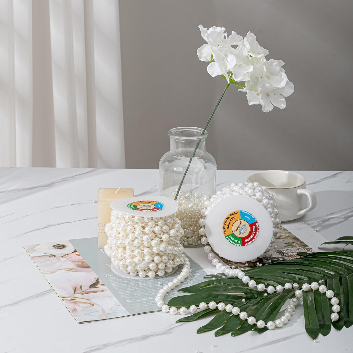 10mm Pearl Strands,9 Yds of Lvory Fake Beads Garland Spool Roll with Stringed Pearls for Crafting,Wedding Party,Christmas Tree Decoration.