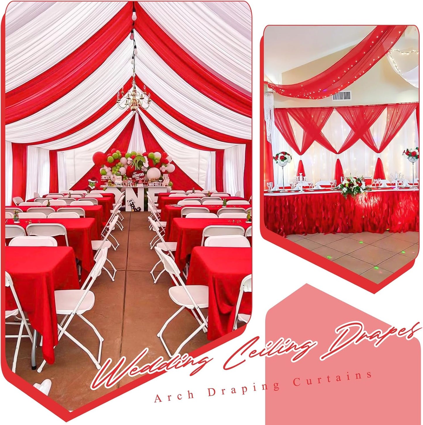 6 Panels Red Ceiling Drapes for Wedding 5ftx20ft Chiffon Fabric Arch Draping Curtains Sheer Drapery for Party Ceremony Birthday Baby Shower Reception Stage Swag Ceiling Decorations