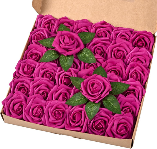 BLEUM CADE 36Pcs Artificial Flowers Fake Roses with Stems, Rose Red Boxed Foam Roses for DIY Bouquets Centerpieces Wedding Party Arrangement Bridal Shower Decor