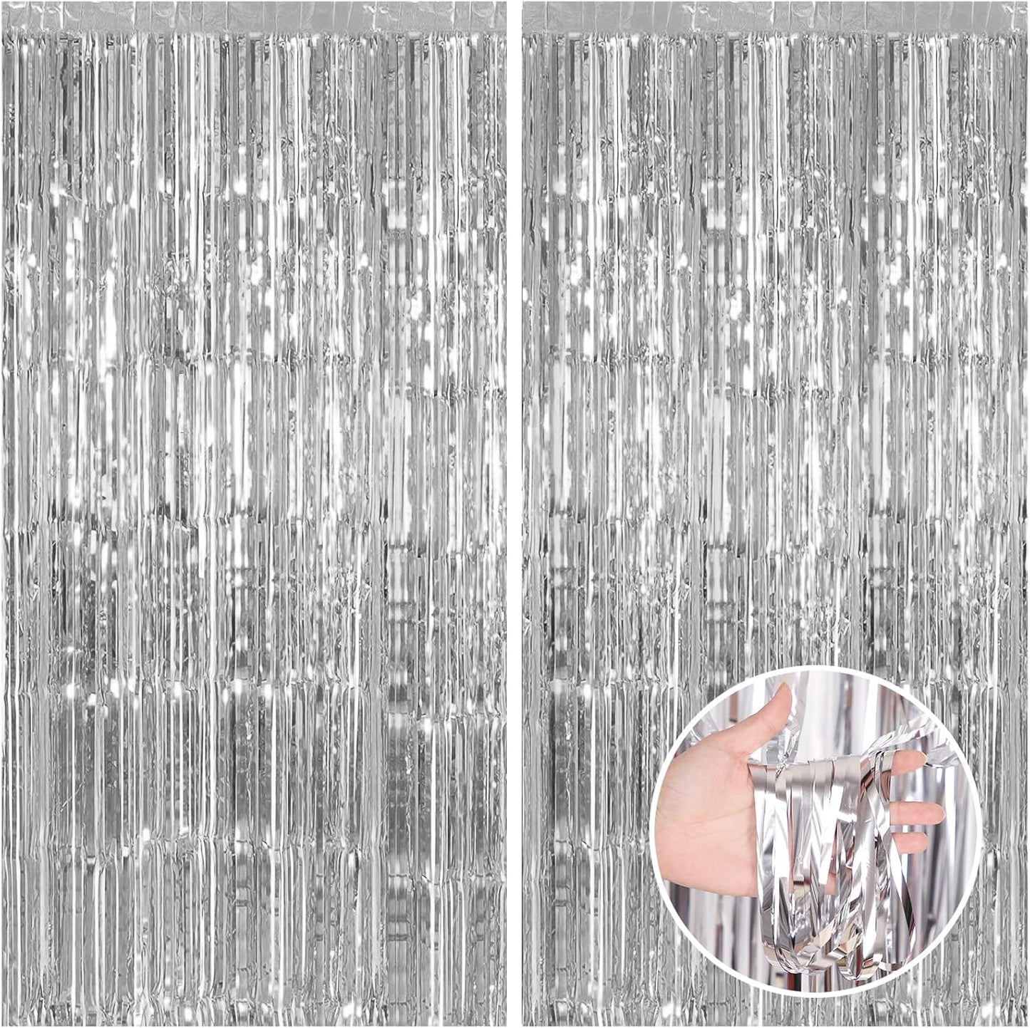 CANREVEL 2 Pack 3.3x8.2 Feet Silver Foil Fringe Backdrop Curtains, Tinsel Streamers Birthday Party Decorations, Fringe Backdrop for Graduation, Baby Shower, Happy New Year, Disco Party