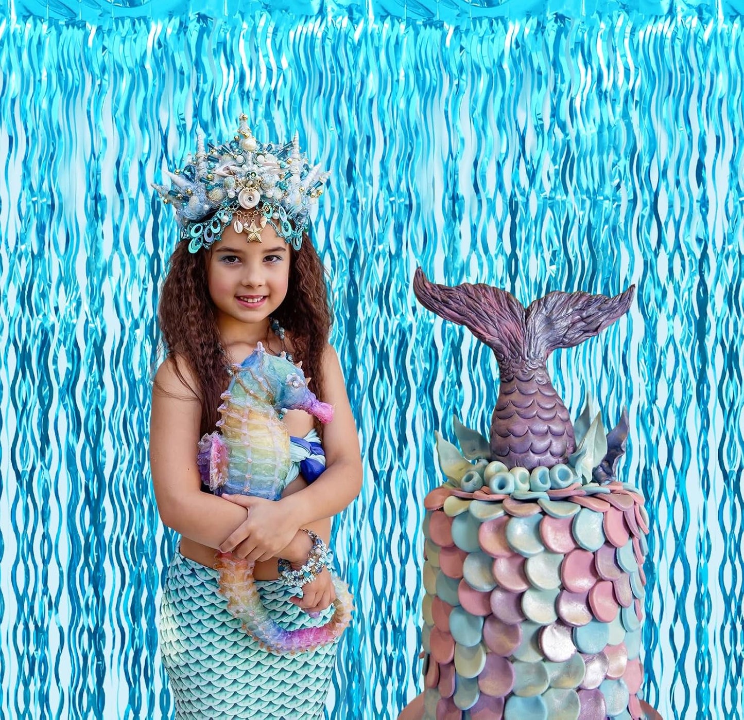 Goer Metallic Tinsel Foil Fringe Curtains for Party Photo Backdrop Wedding Decor (3 Pcs,Wavy Light Blue)