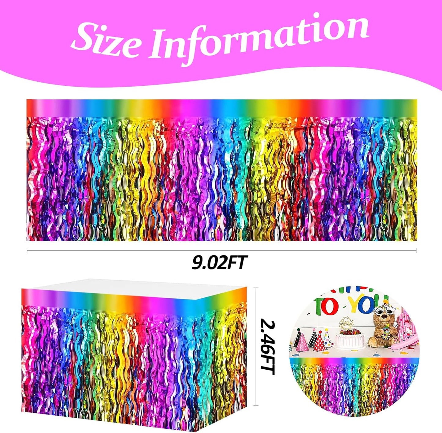 4P Wavy Metallic Tinsel Foil Fringe Table Skirts for Rectangle Tables Backdrop Garland Curtains for Parade Floats Wedding Birthday Parties Decoration Graduation 2025 Christmas (Rainbow)