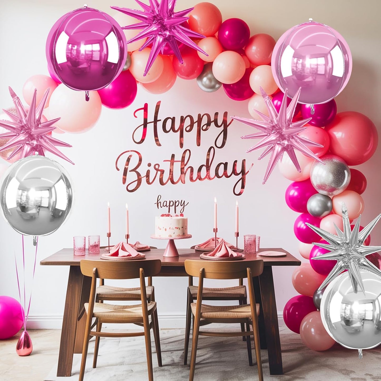 6Pcs Pink Silver Foil Balloons,22Inch Hot Pink Silver 4D Round Ball Balloon and Explosion Star Balloon for Birthday Wedding Baby Shower Anniversary Decorations