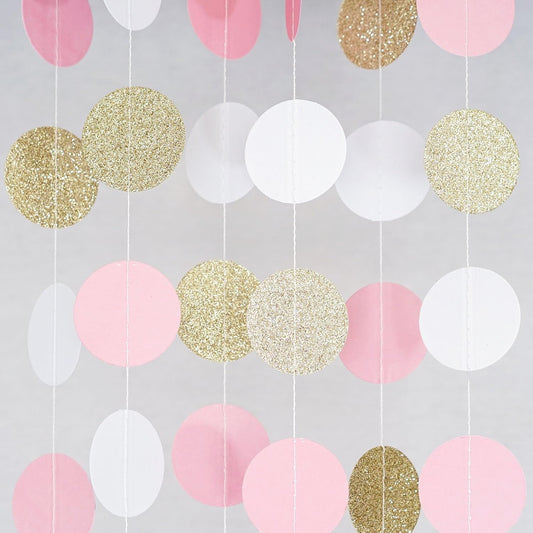Chloe Elizabeth Circle Dots Paper Party Garland Streamer Backdrop (10-Pack, 10 Feet Per Garland, 100 Feet Total) - Pink, White, Gold Glitter