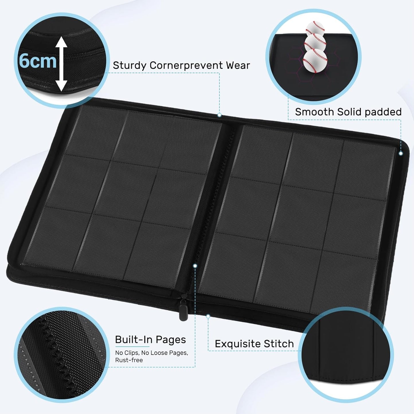 Trading Card Binder 9 Pocket, Zofly Zipper Card Collection Binder Album, Sturdy 540 Side-Loading Card Folder Holder for MTG, TCG, Sports Cards, Game Cards, Black