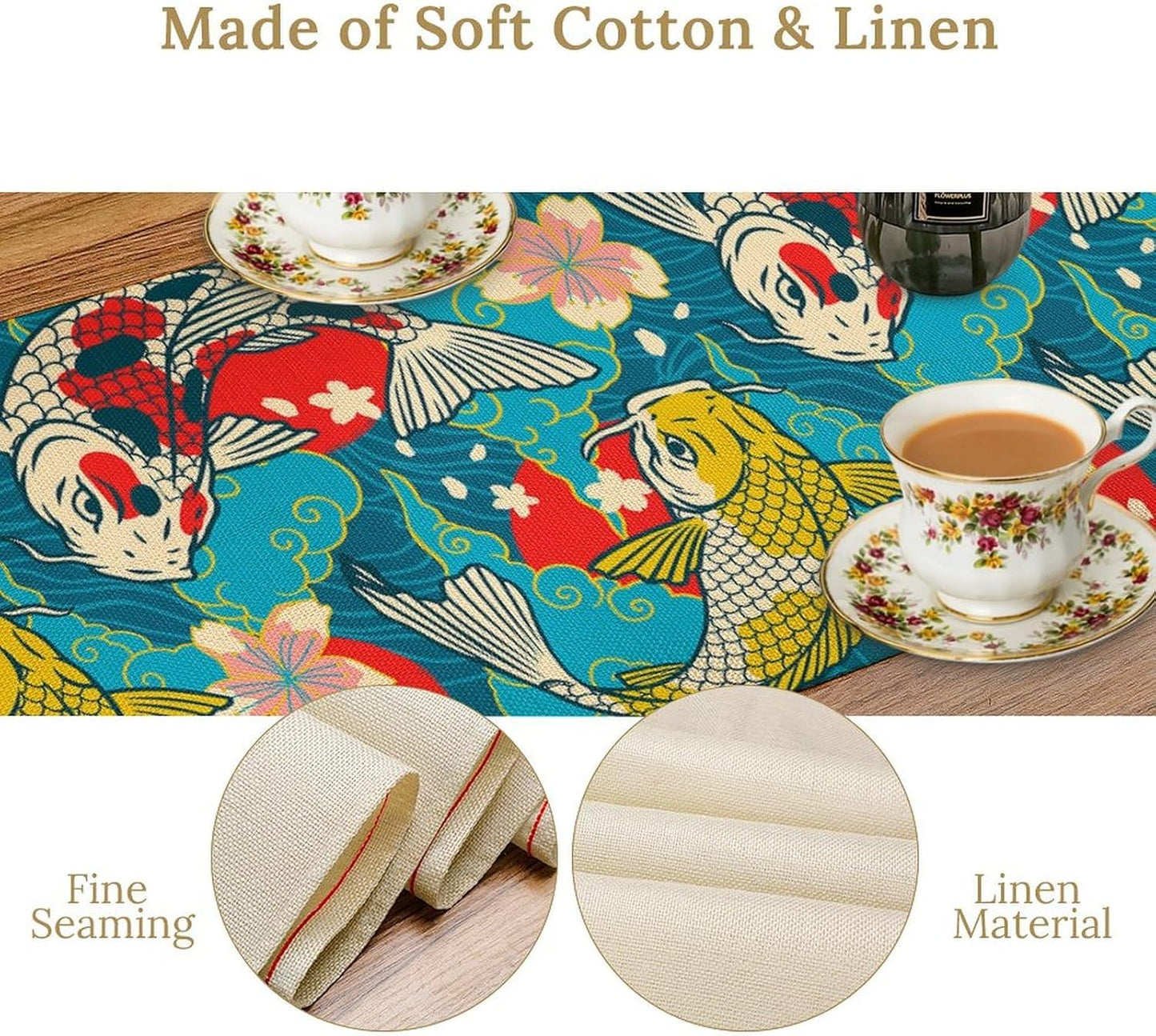 Japanese Kio Fish Table Runner Oriental Tradition Cherry Art Printed Burlap Runner Home Kitchen Dining Table Living Room Decor Fabric 1 Panel W13xL60in