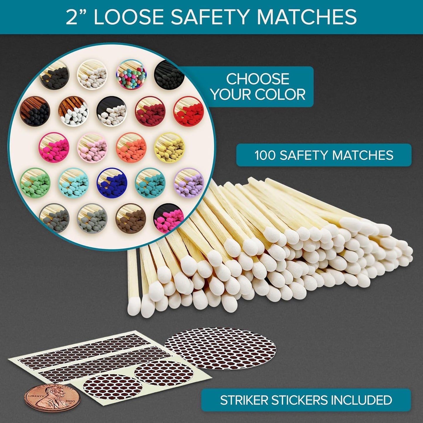 2" Choose Your Colors Safety Matches | Set of 100+ Bulk Artisan Matchsticks with Striker Stickers by Thankful Greetings | Select a Color - 100+ Matches | Custom for Your Home Decor, Gifts, & Events