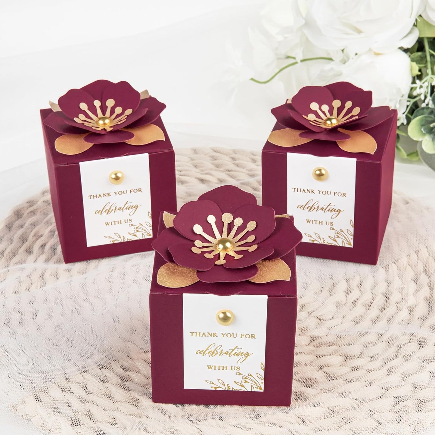 FEIYI 20 PCS Favor Boxes, 3 In 1Burgundy Candy Boxes with Floral Decor, White Thank You Tags Gold Foil Print Gift wrapping for Wedding, Baby Shower, Birthday, Decorations Party - 2.55x2.55x2.55