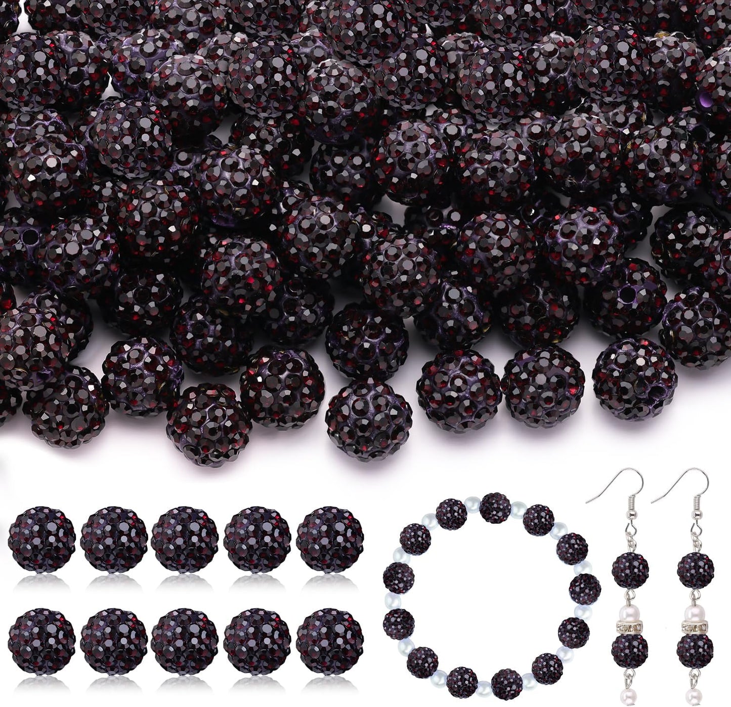 105pcs 10mm Rhinestone Beads for Jewelry Making, Dark Purple Shiny Round Disco Ball Beads Bulk, Sparkle Crystal Clay Christmas for Bracelet Baseball Necklace Earring Crafting and DIY