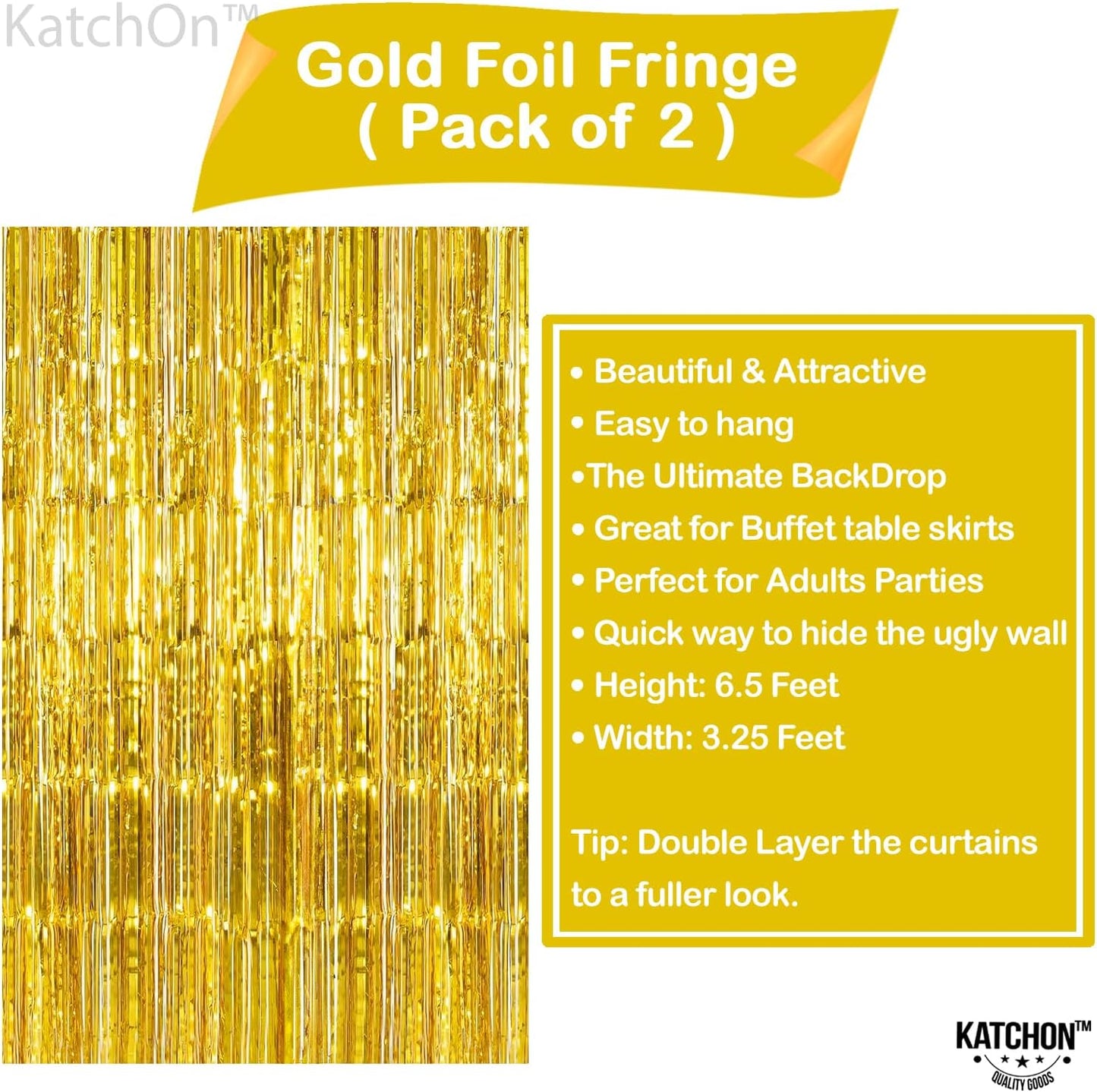 KatchOn, Gold Backdrop Curtain - 2 Pcs | Foil Fringe Curtain for 50th Birthday Decorations | Gold Streamers for New Years, Casino, Bachelorette, 50th Anniversary Decorations