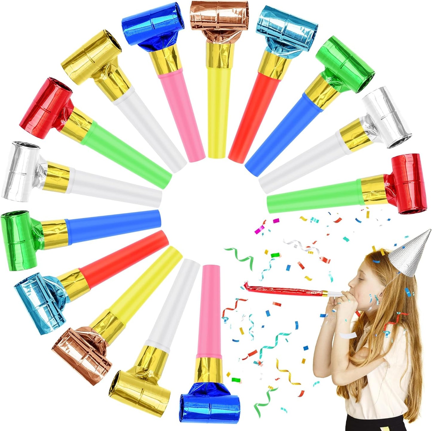24 Pcs Party Blower Colorful Blowouts Noisemakers Birthday Blowouts Whistles for Party Favors(Colorful Metallic Roll)