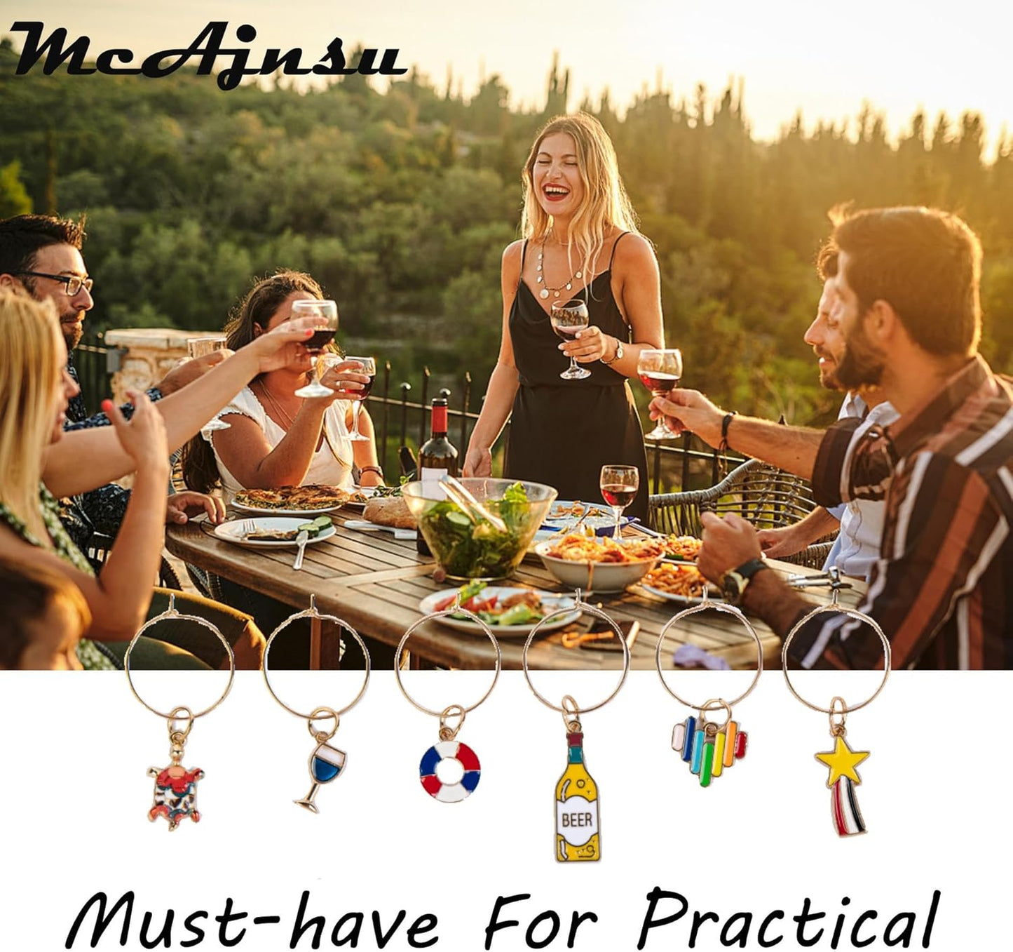 24Pcs Wine Glass Charms & Markers - Reusable Identifier Tags for Stem Glasses - Funny Non-Scratch Charms for Summer Beach, Christmas & Wine Party