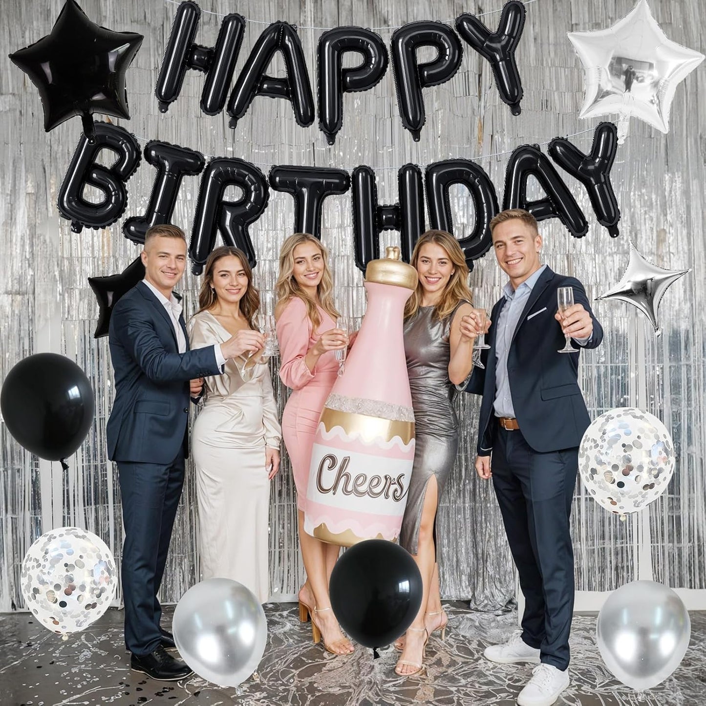 Happy Birthday Balloon Banner Black Silver, 16 Inch Mylar Foil Letter Balloons, Reusable Birthday Decorations with Black and Silver Balloons, Inflatable Party Supplies for Women Men Boys Girls Decor