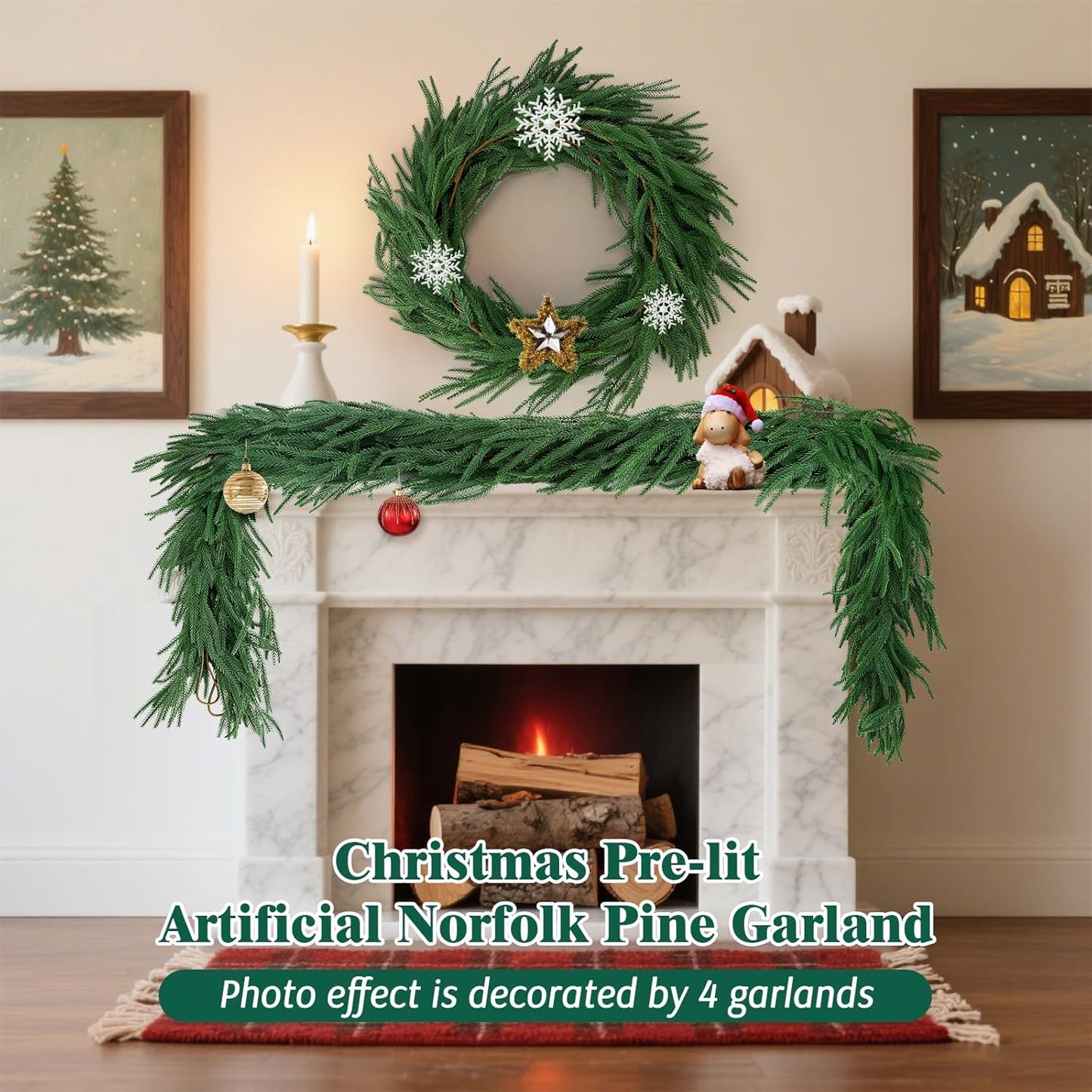 12FT（2 * 6FT）Norfolk Pine Garlands, Christmas Cedar Garland, Real Touch Faux Green Garlands, Winter Artificial Greenery Garland for Mantle, Stairs, Table, Fireplace, Indoor & Outdoor Xmas Decorations