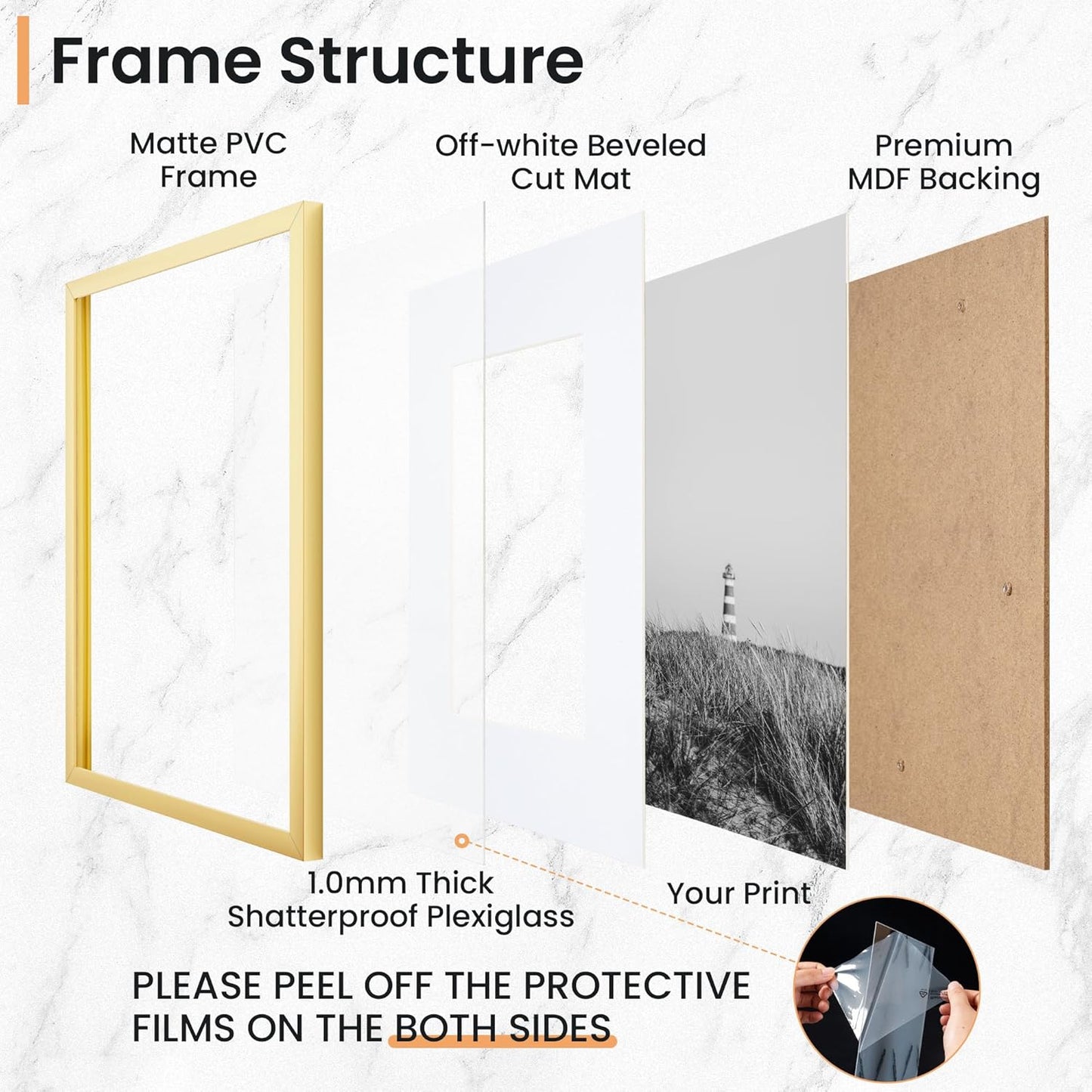 16x16 inch Picture Frame, 16x16 Photo Frames with 12x12 Removable Mat - High Definition Plexiglass - Vertical and Horizontal Display - Wall Hanging Frame - Gold, 5 Pack